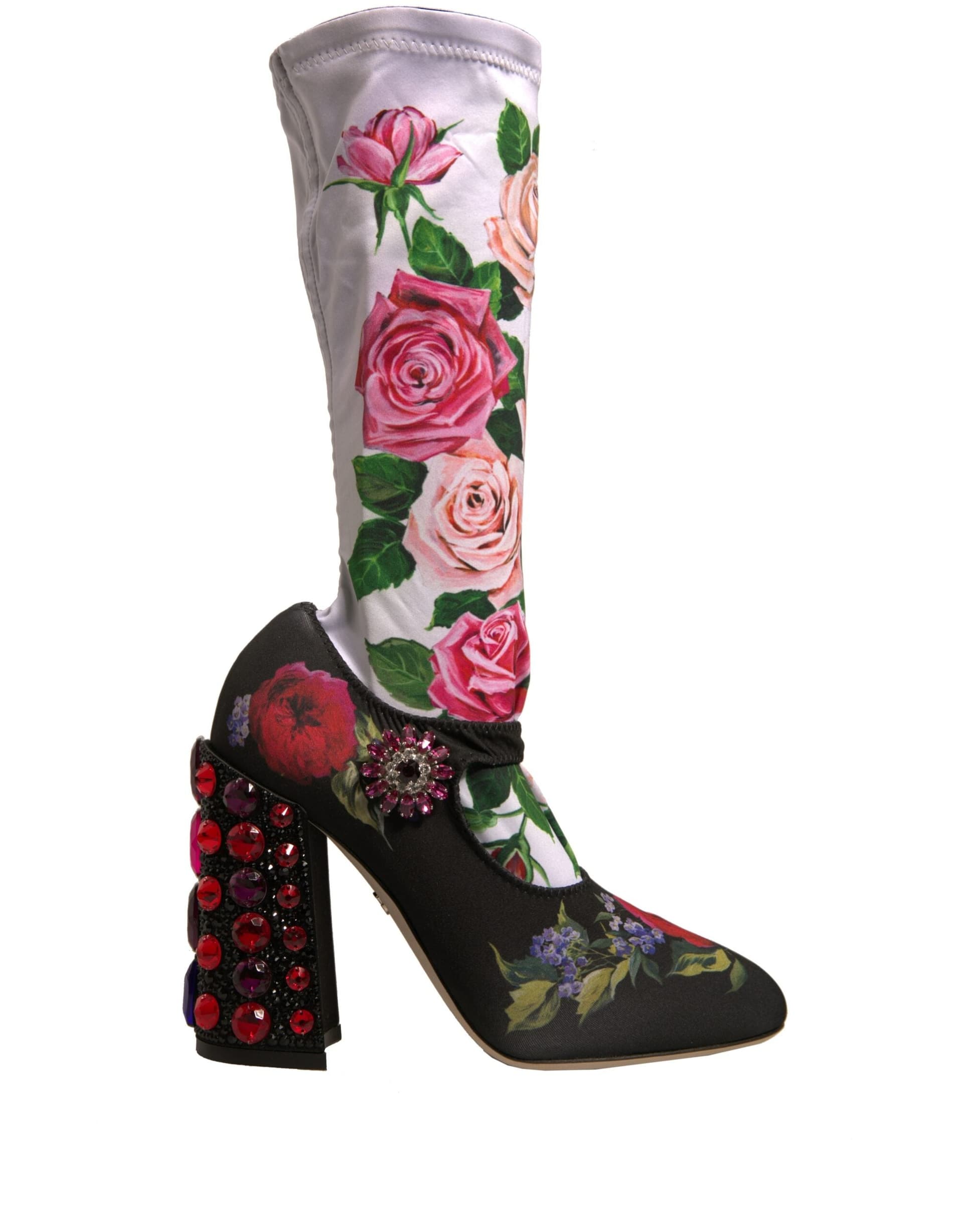 Dolce & Gabbana Black Floral Socks Crystal Boots Jersey Shoes - 5