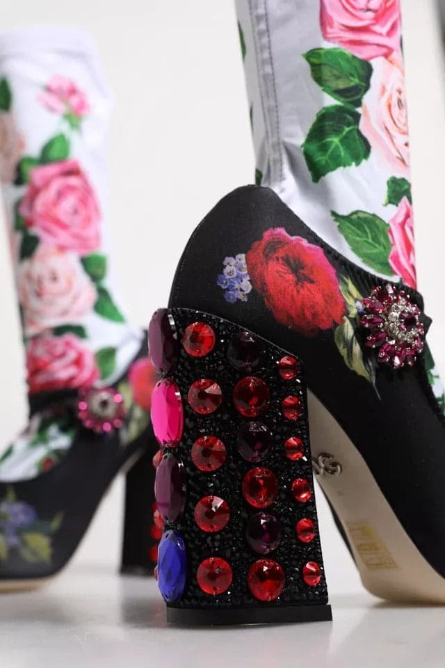 Dolce & Gabbana Black Floral Socks Crystal Boots Jersey Shoes - 8