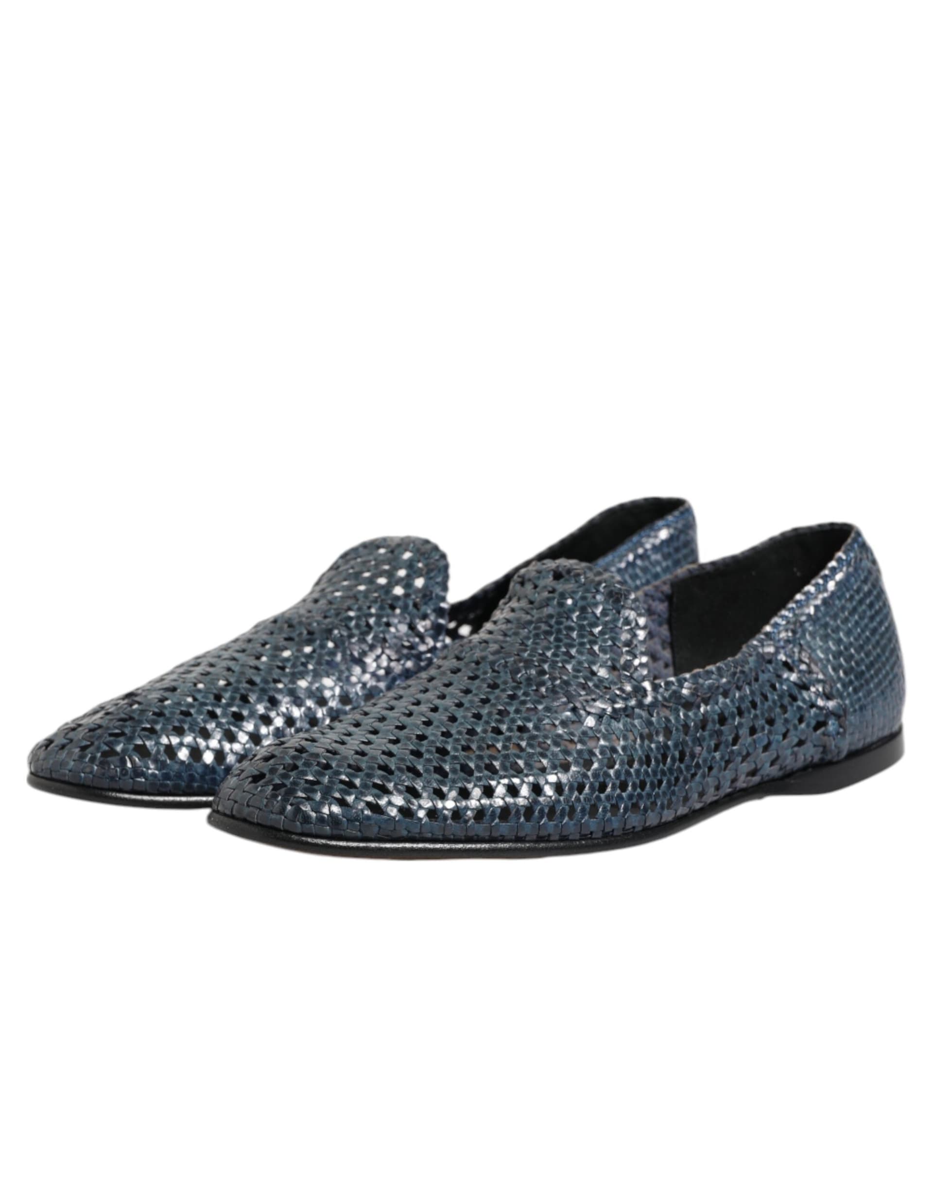 Dolce & Gabbana Blue Woven Leather Slip On Loafers Shoes - 3
