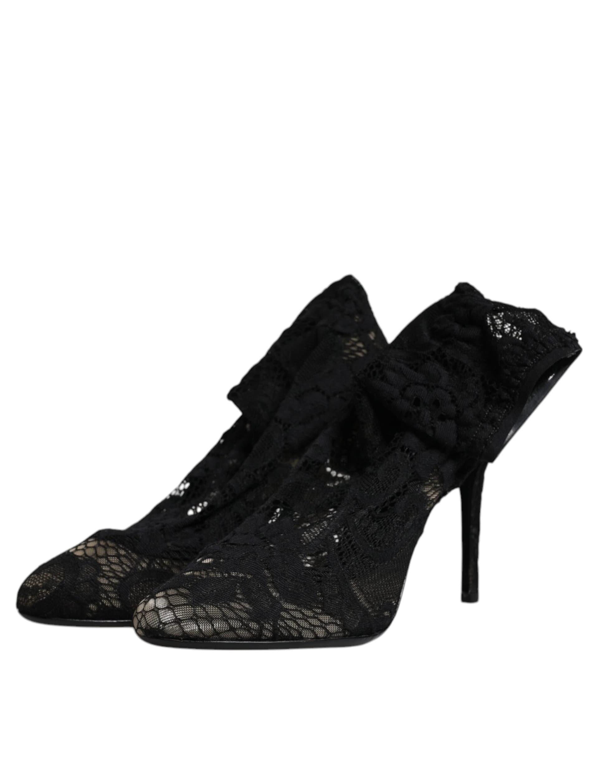 Dolce & Gabbana Black Lace Stretch Heels Mid Calf Boots Shoes - 3