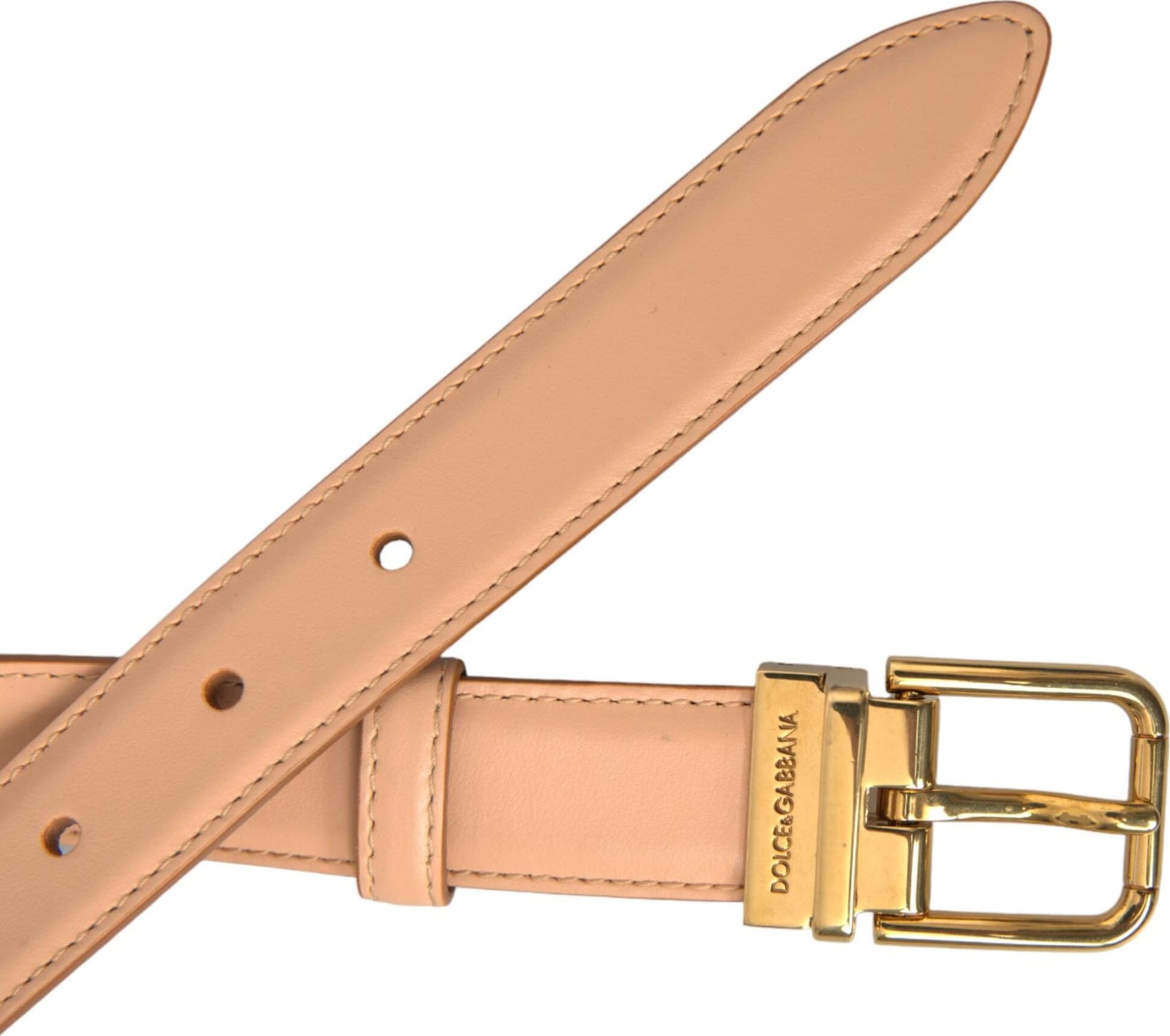 Dolce & Gabbana Beige Calfskin Leather Gold Metal Buckle Belt - 5