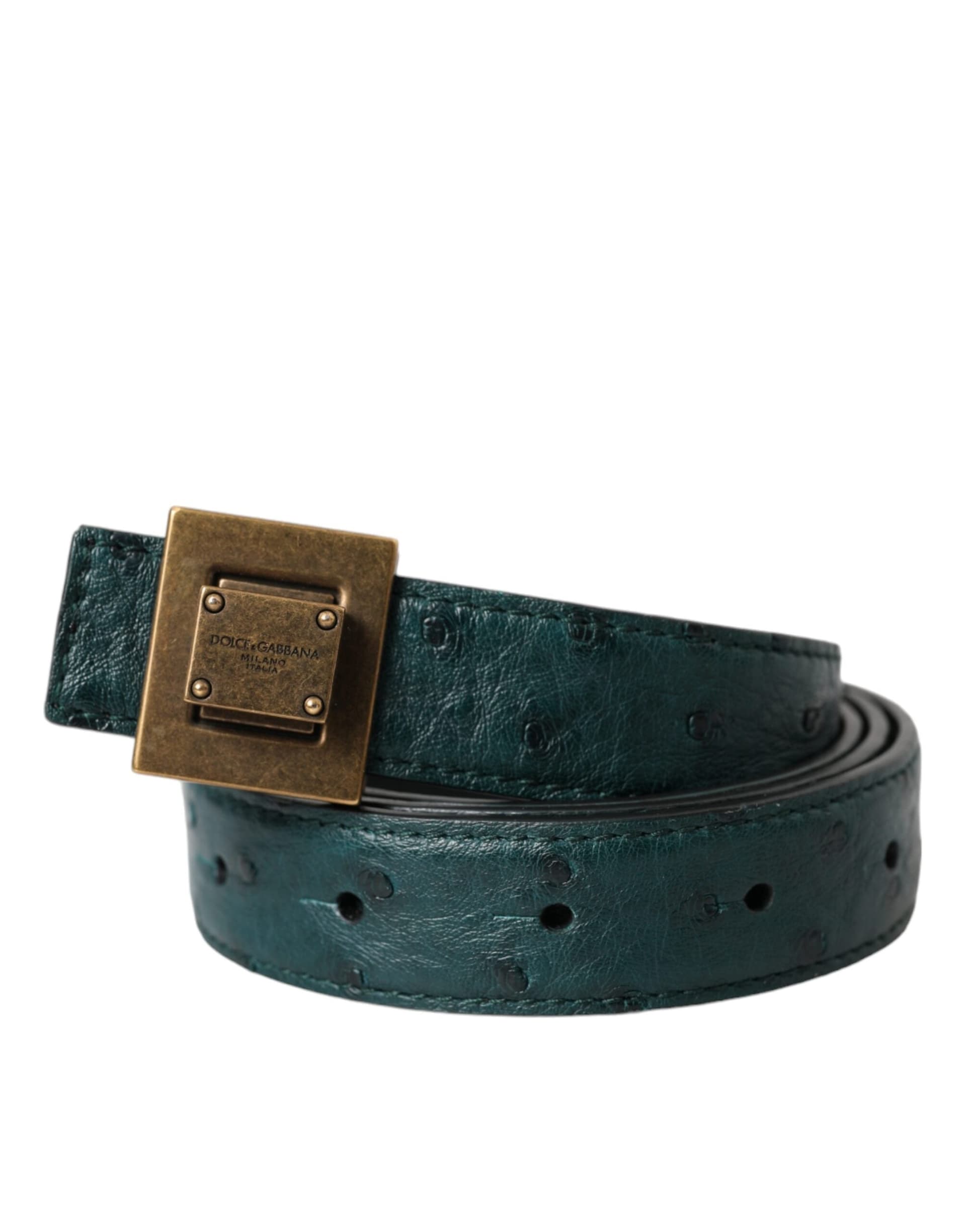 Dolce & Gabbana Dark Green Leather Square Metal Buckle Belt - 2