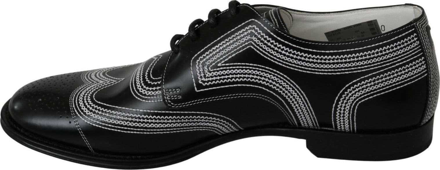 Dolce & Gabbana Black Leather Derby Formal White Lace Shoes - 2