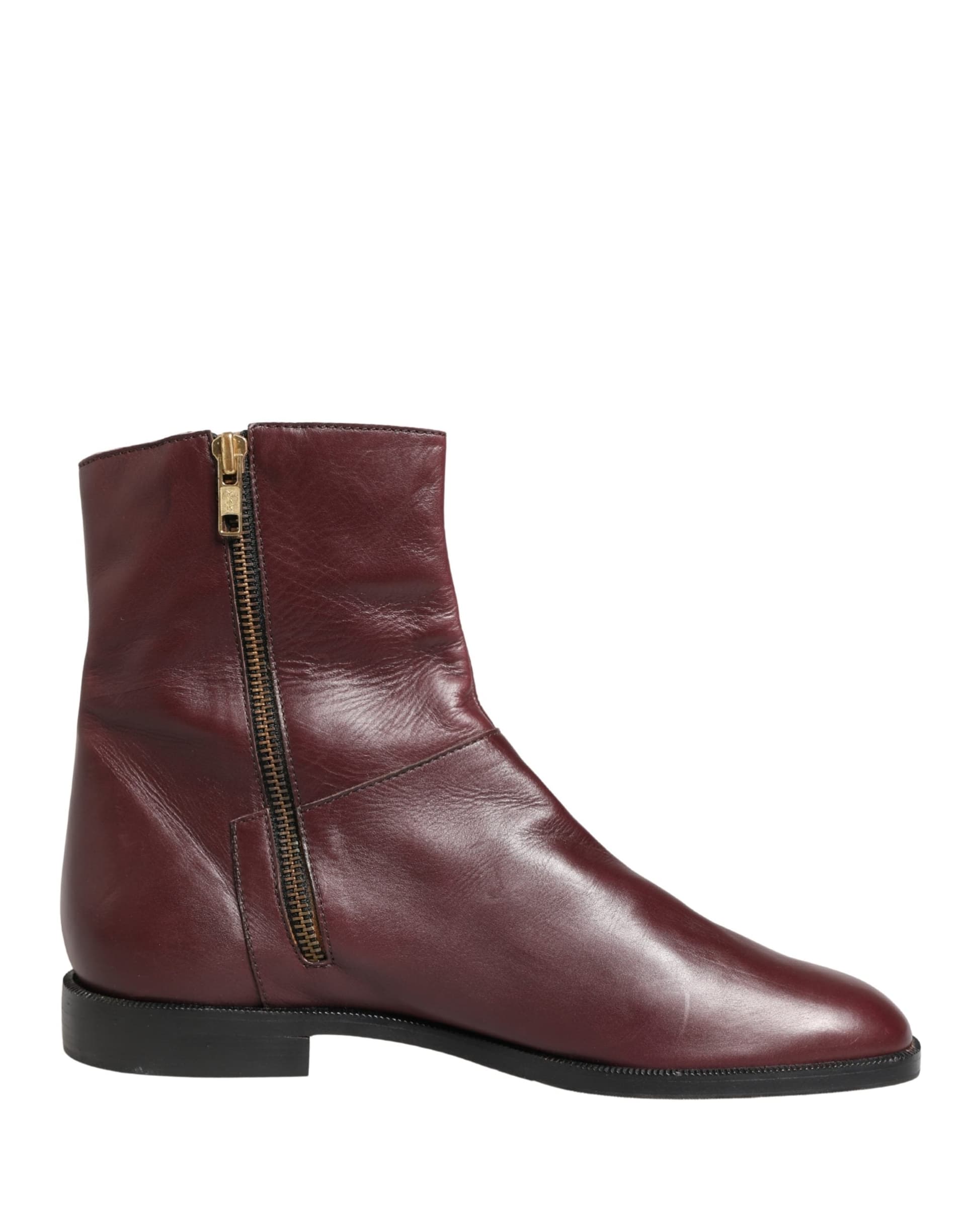 Dolce & Gabbana Maroon Leather Flats Biker Ankle Boots Shoes - 2