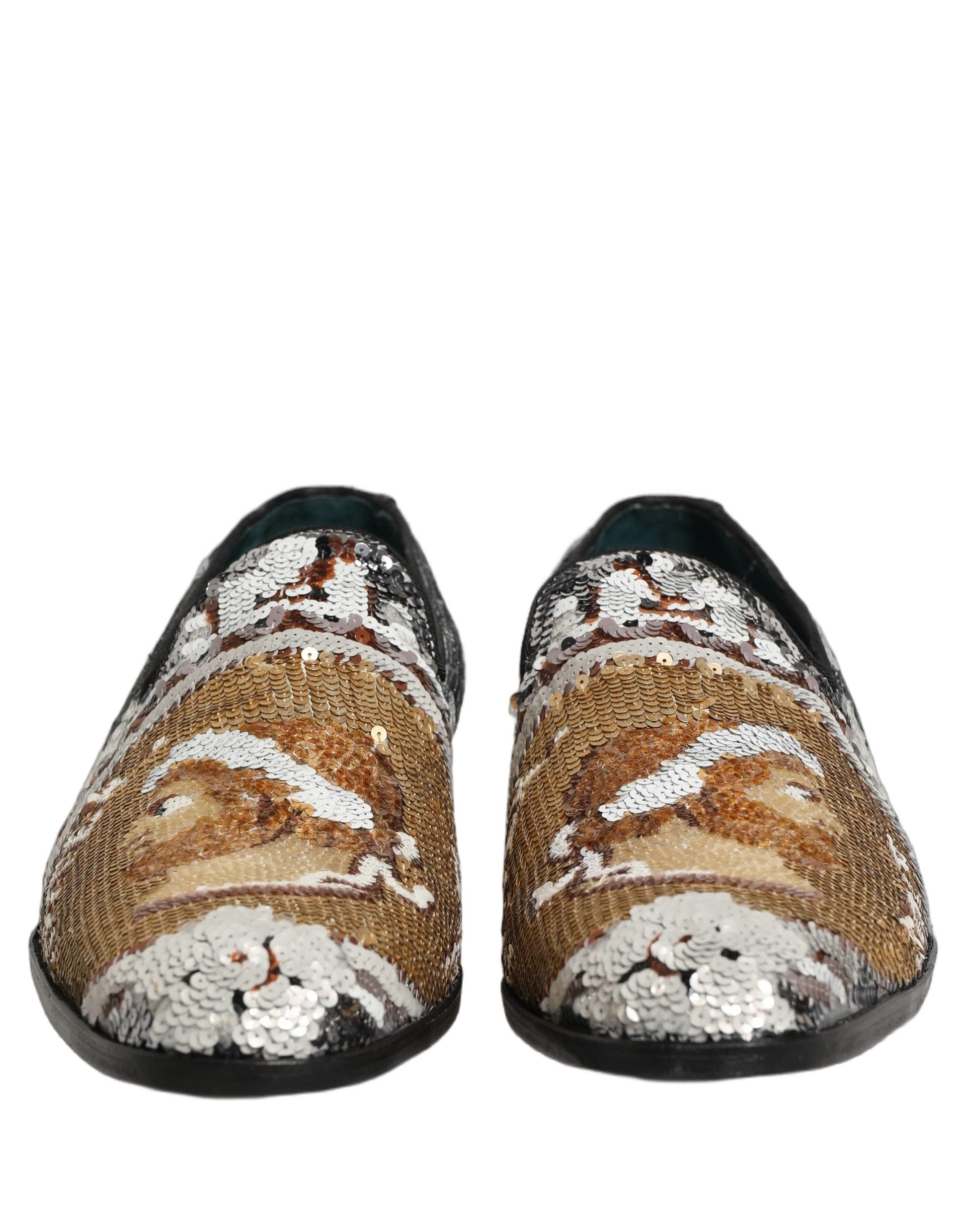 Dolce & Gabbana White Gold Sequined Slip On Loafers Shoes - 2