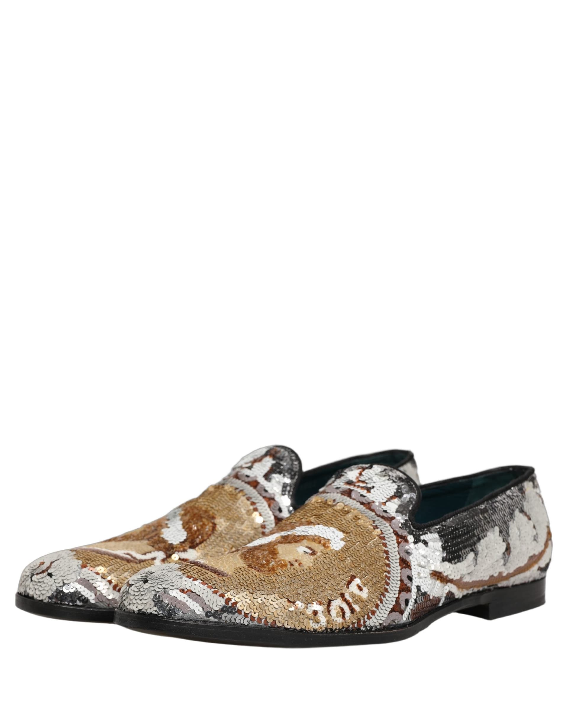 Dolce & Gabbana White Gold Sequined Slip On Loafers Shoes - 4