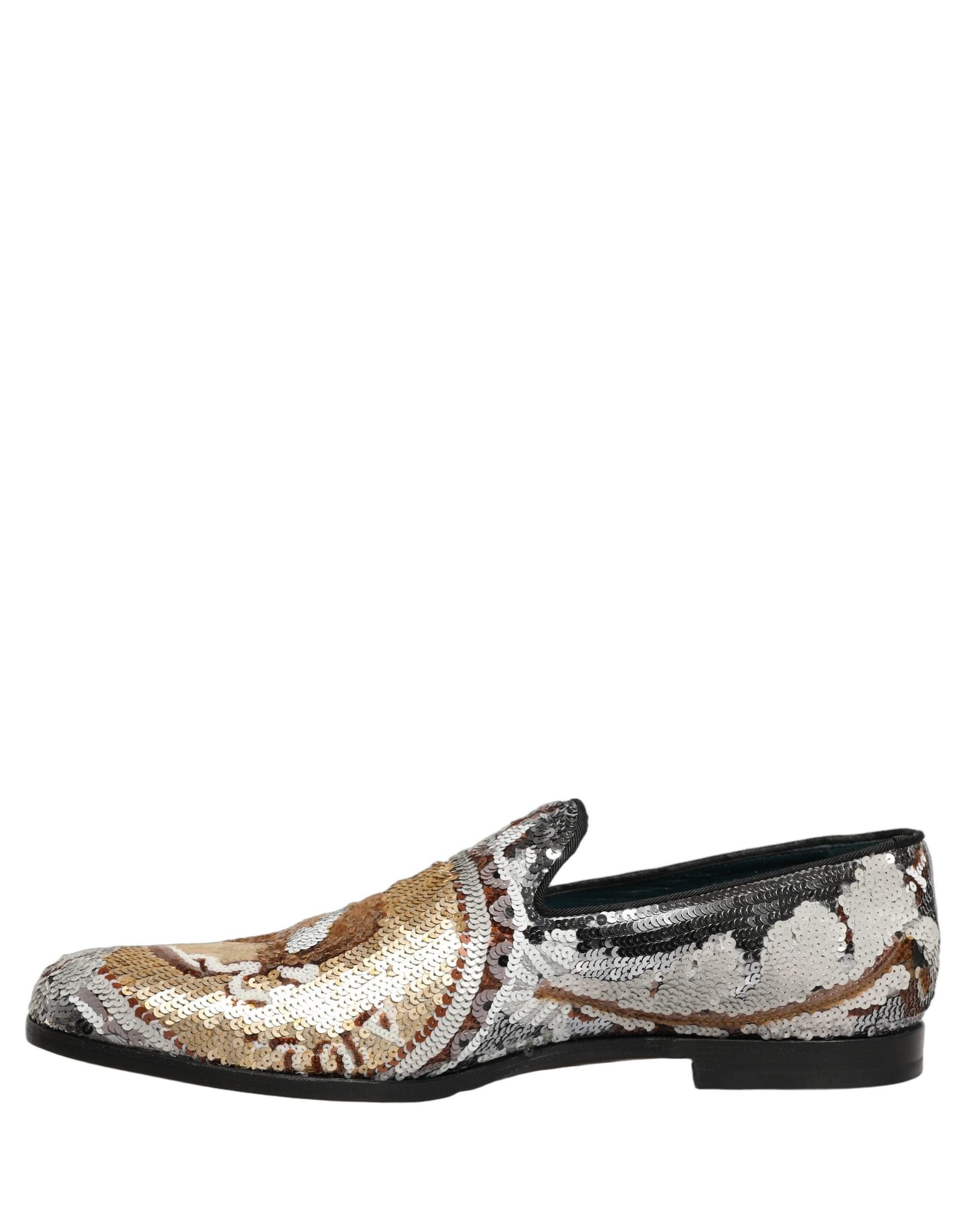 Dolce & Gabbana White Gold Sequined Slip On Loafers Shoes - 6