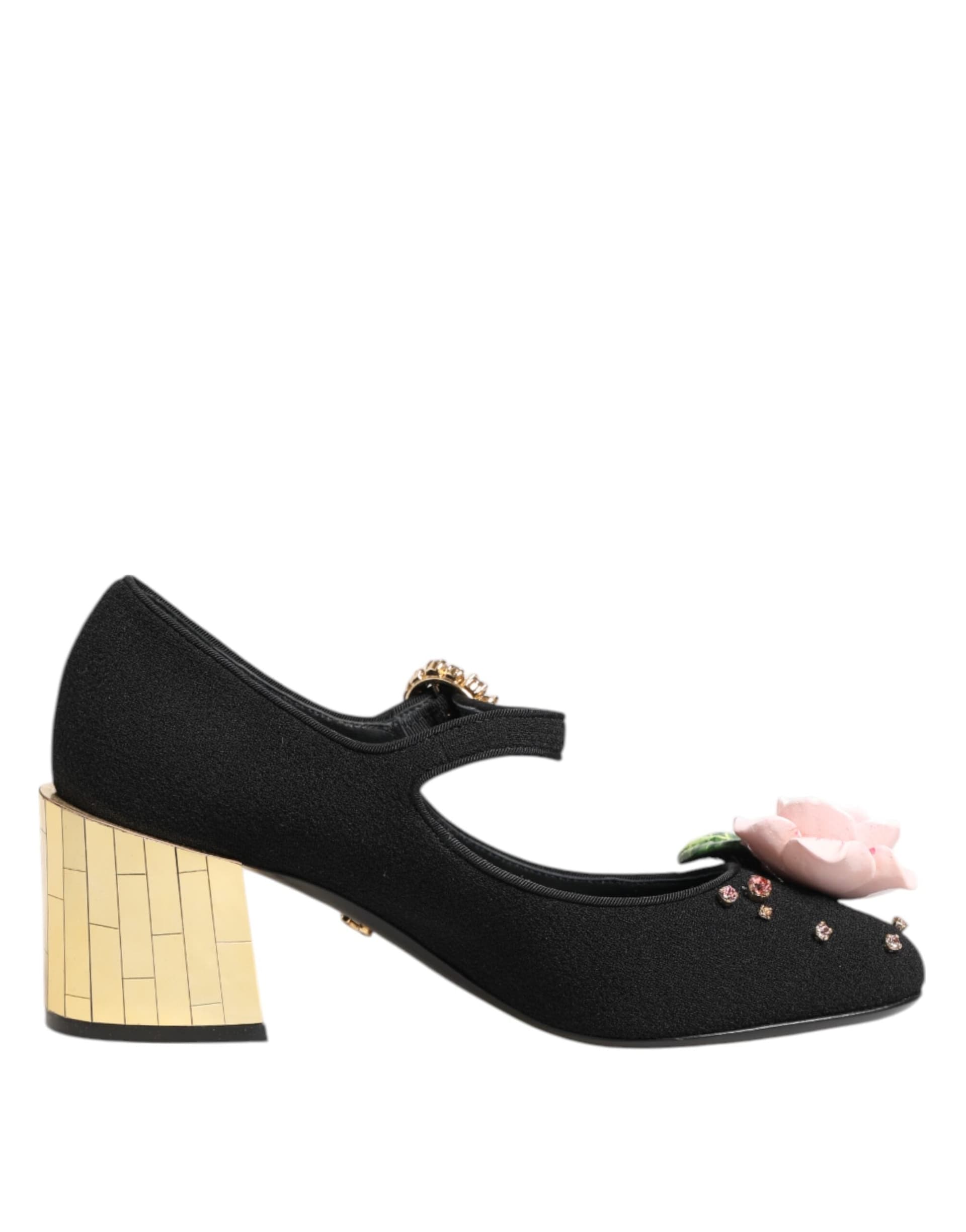 Dolce & Gabbana Black Flower Crystal Embellished Mary Jane Shoes - 7