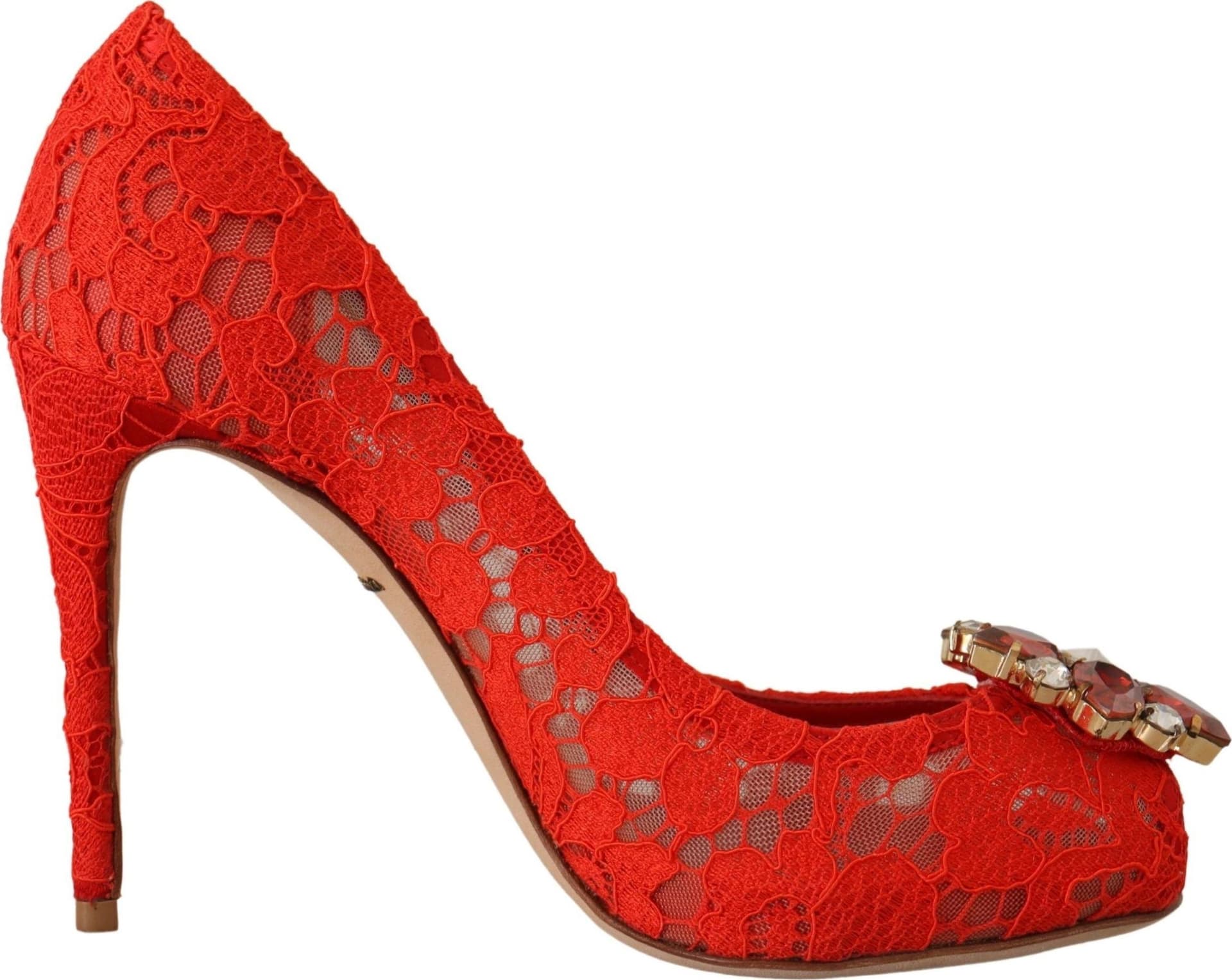 Dolce & Gabbana Red Taormina Lace Crystal Heels Pumps - 4