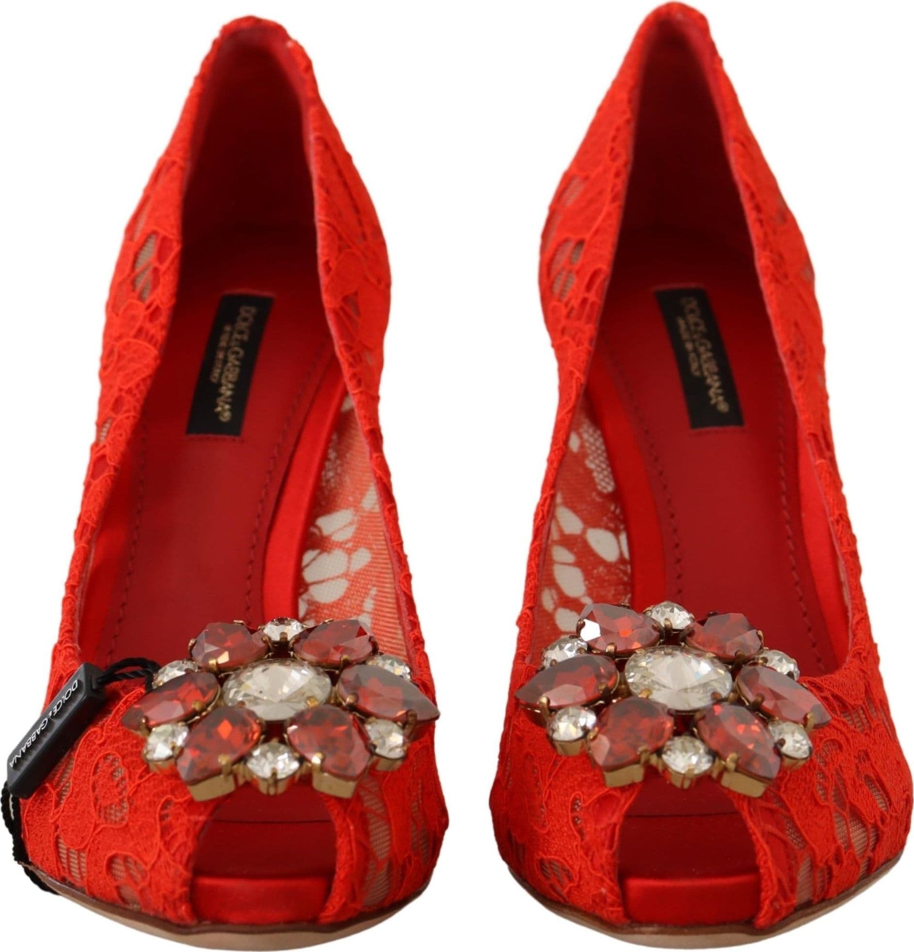 Dolce & Gabbana Red Taormina Lace Crystal Heels Pumps - 7