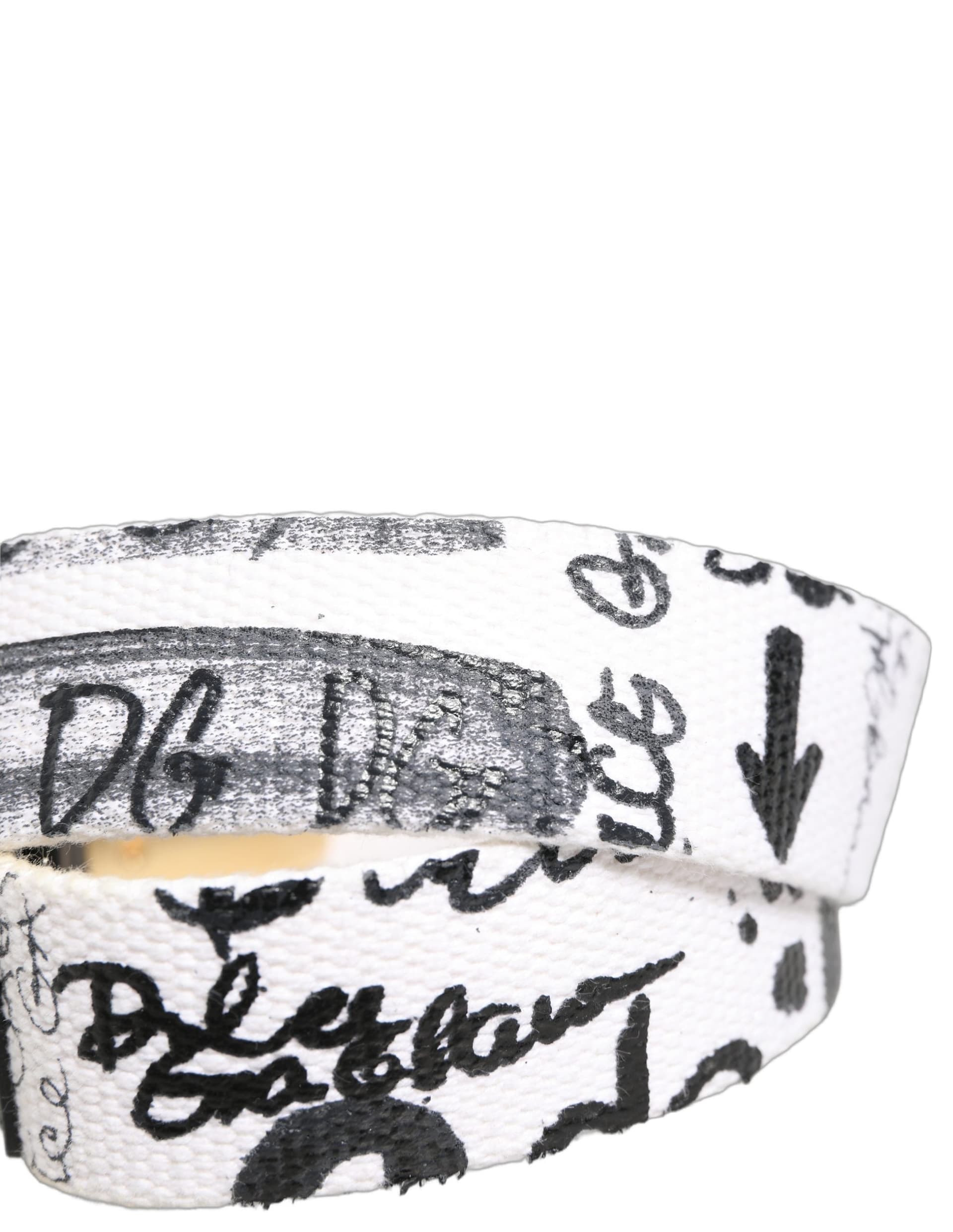 Dolce & Gabbana White Graffiti Print Gold Metal Buckle Belt - 6