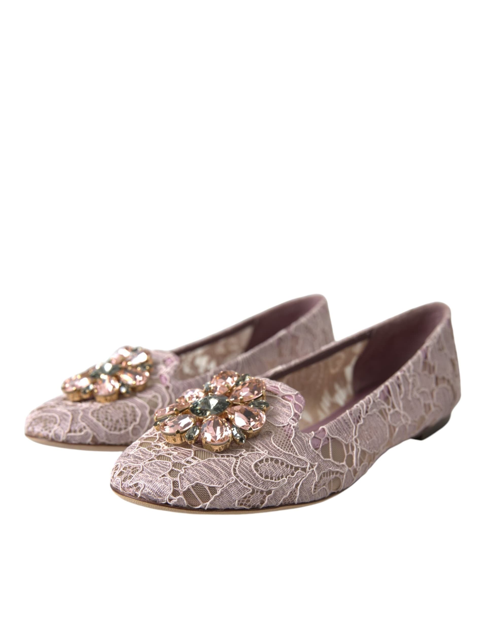 Dolce & Gabbana Pink Lace Crystal Ballet Flats Loafers Shoes - 2