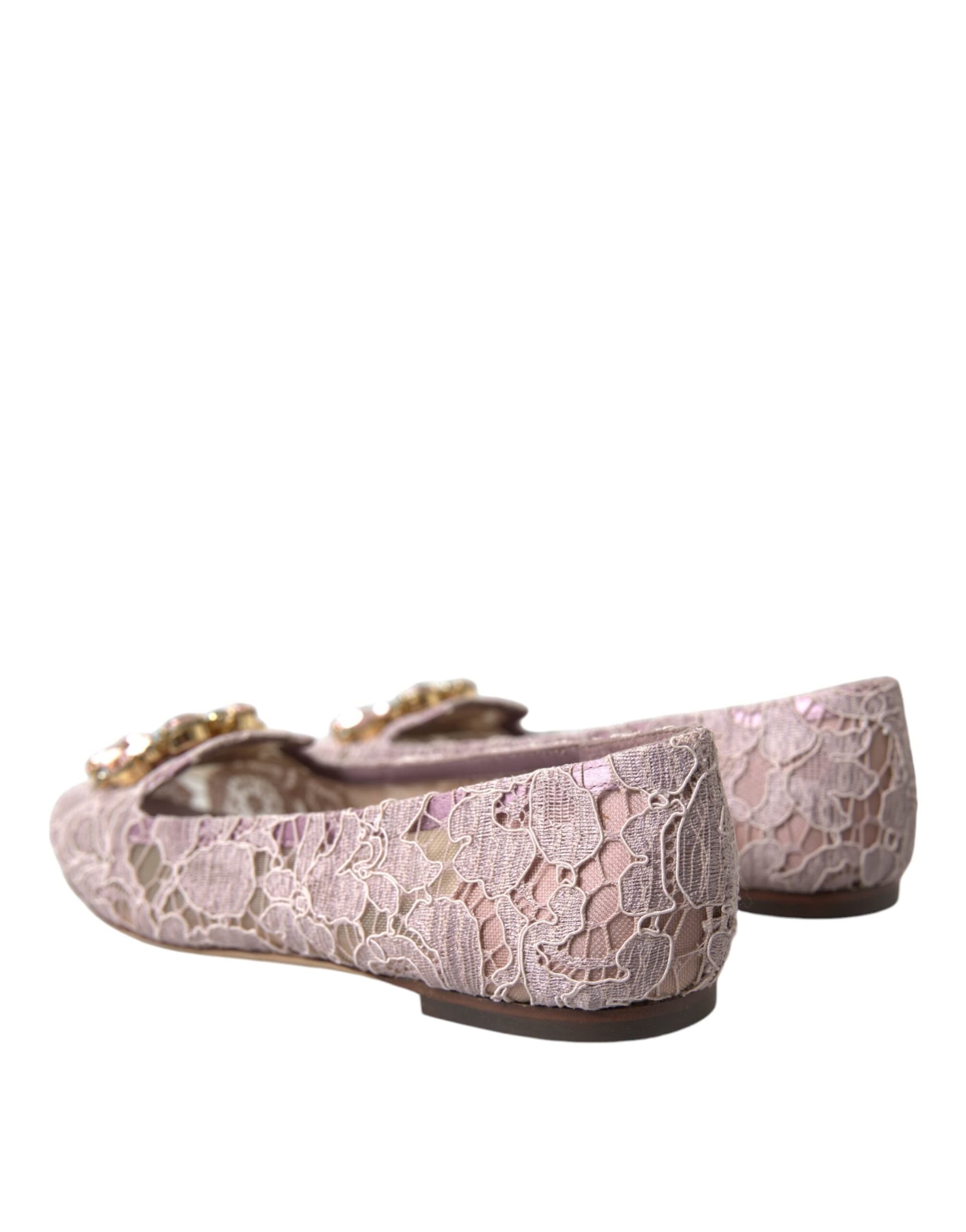Dolce & Gabbana Pink Lace Crystal Ballet Flats Loafers Shoes - 3