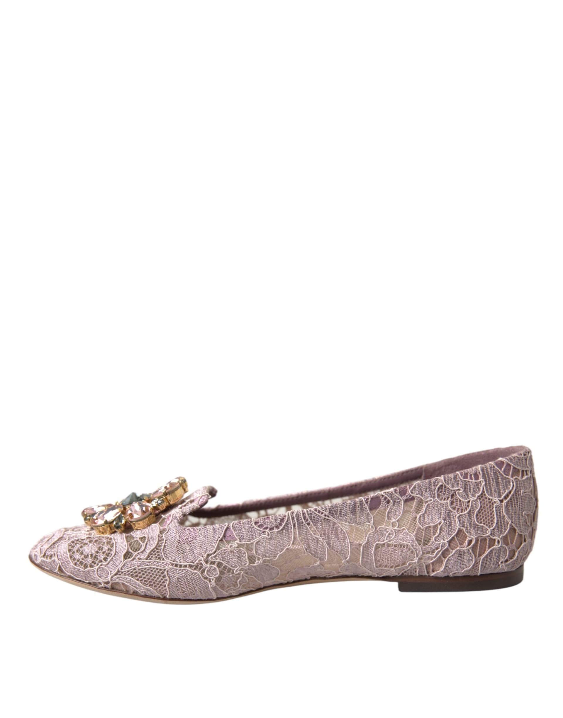 Dolce & Gabbana Pink Lace Crystal Ballet Flats Loafers Shoes - 4