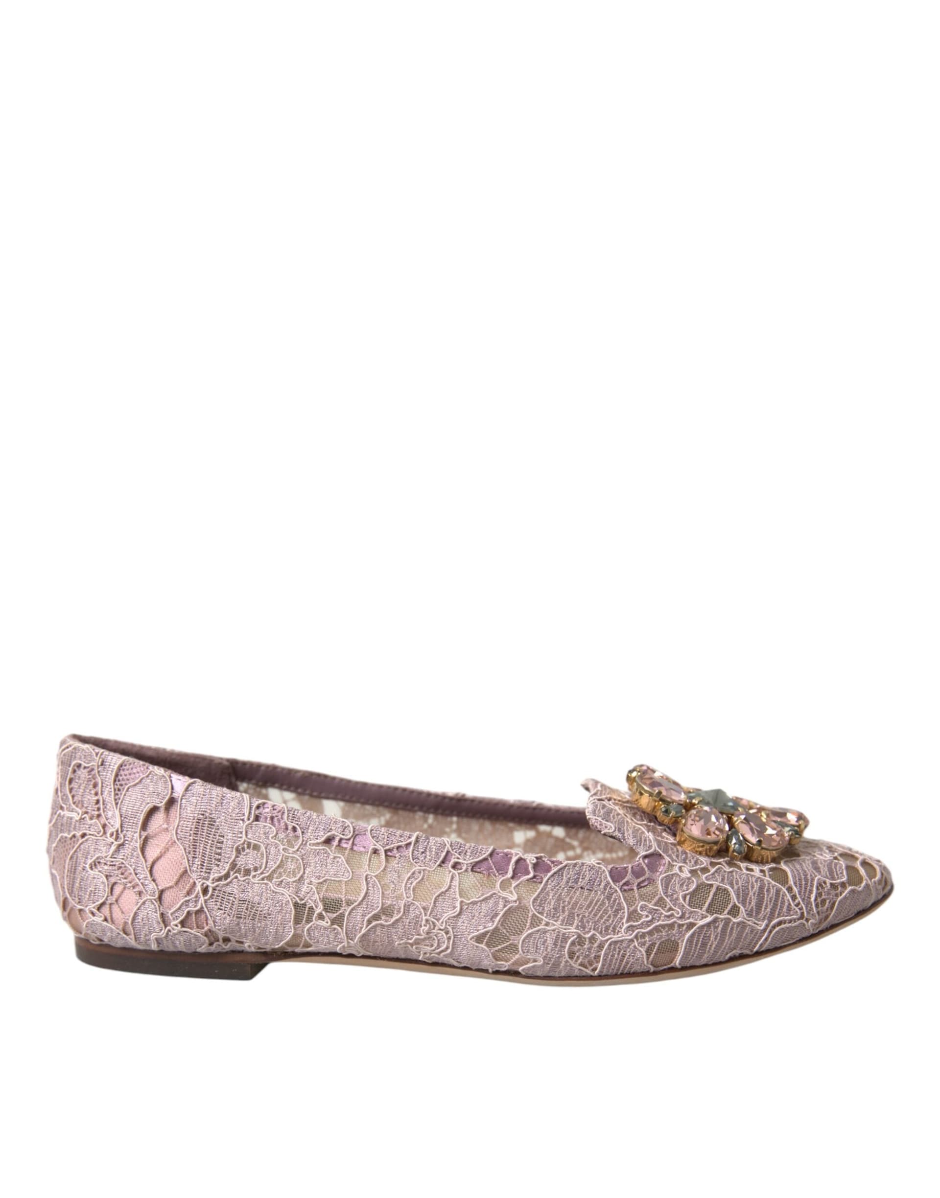 Dolce & Gabbana Pink Lace Crystal Ballet Flats Loafers Shoes - 5