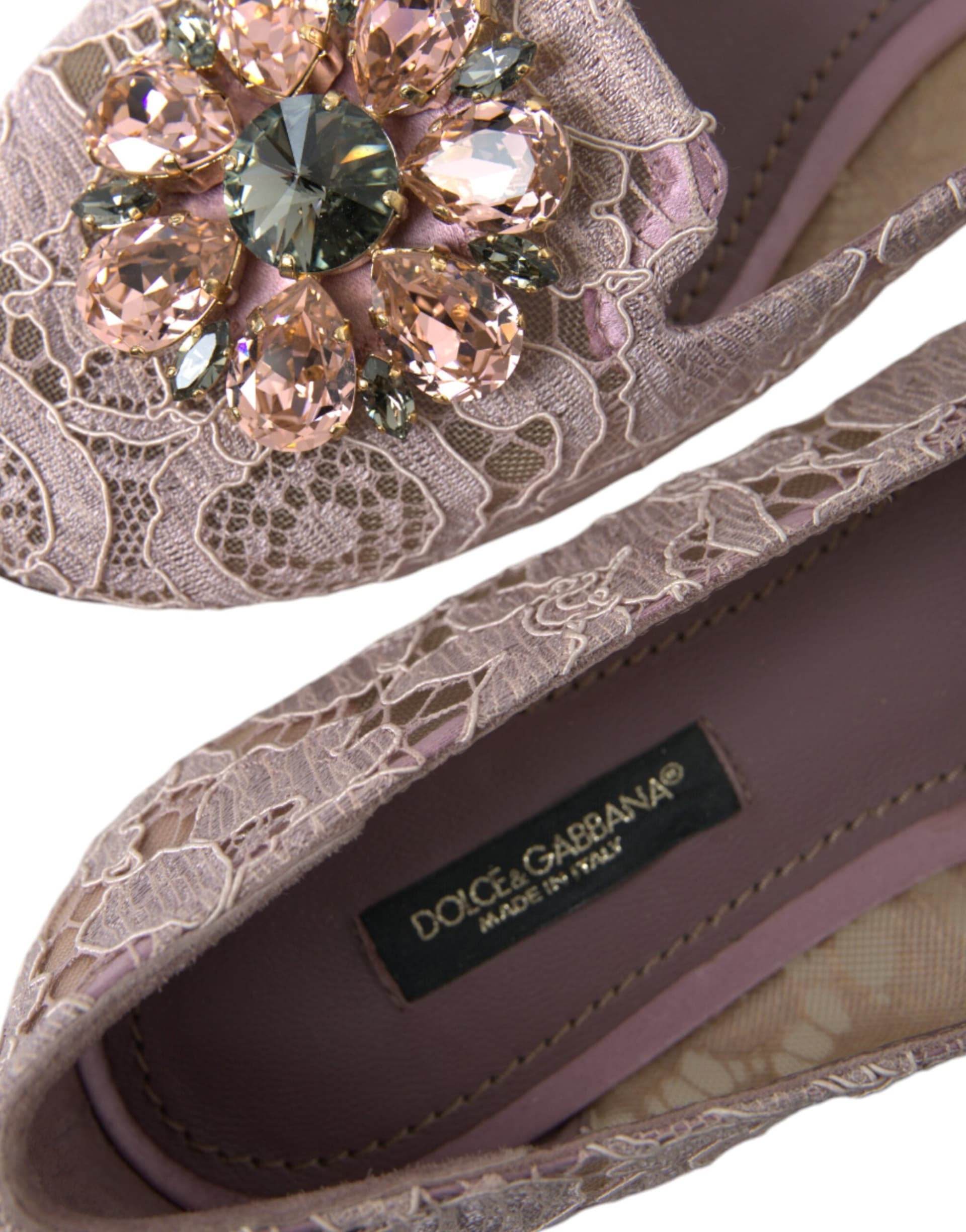 Dolce & Gabbana Pink Lace Crystal Ballet Flats Loafers Shoes - 8