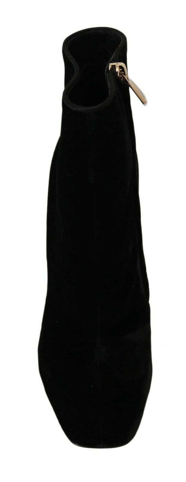 Dolce & Gabbana Black Velvet Crystal Square Heels Shoes - 4
