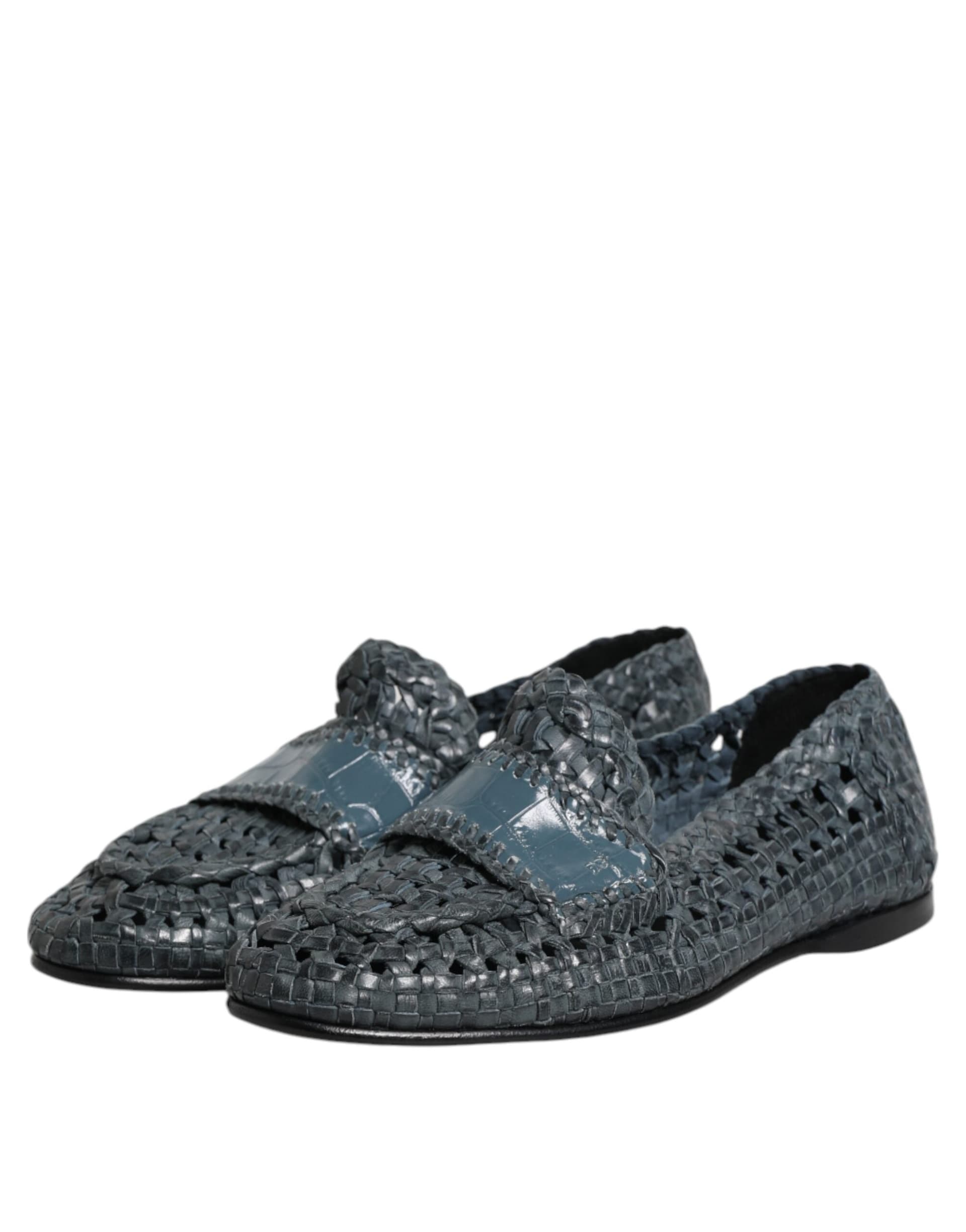 Dolce & Gabbana Blue Woven Leather Slip On Loafers Shoes - 3