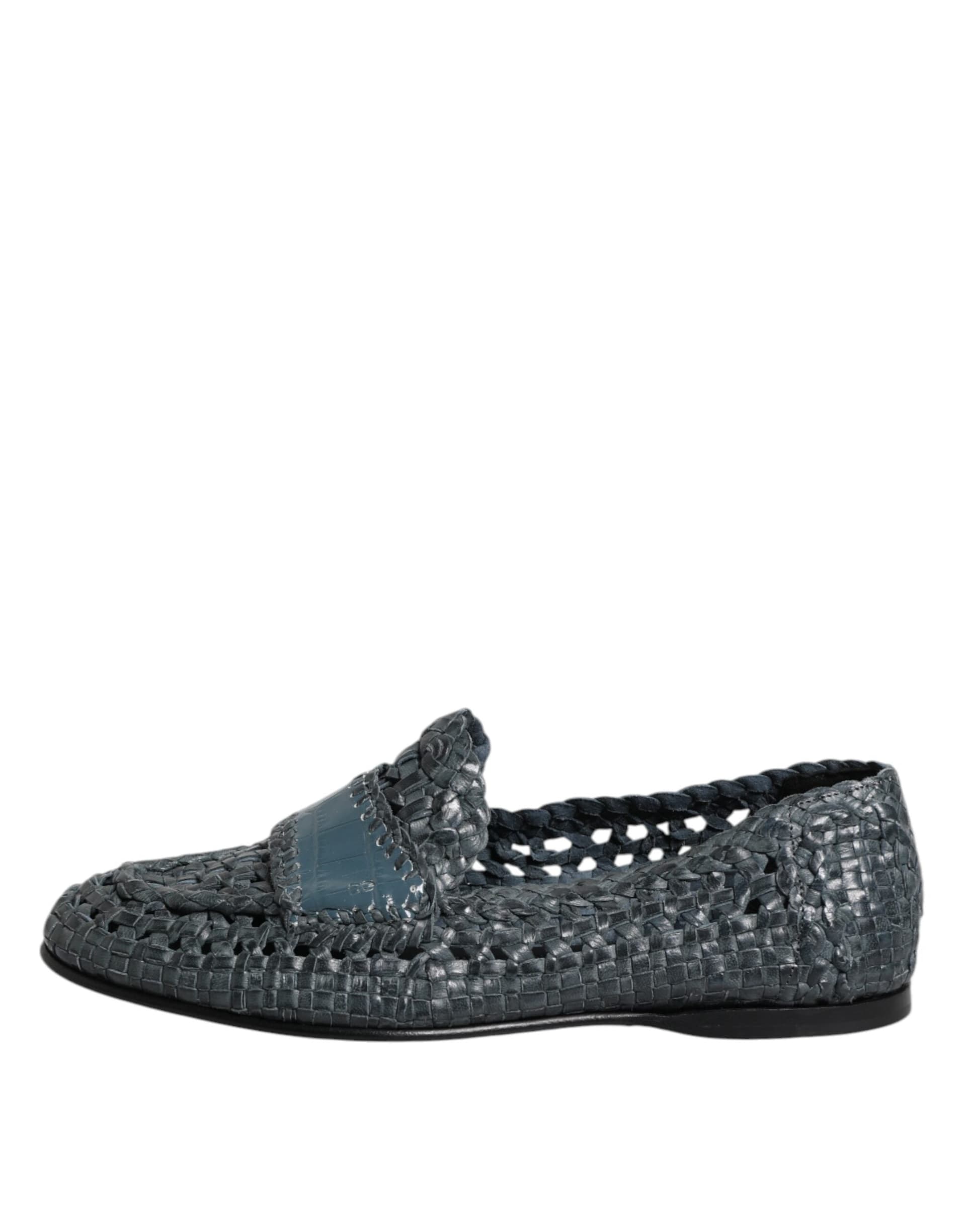 Dolce & Gabbana Blue Woven Leather Slip On Loafers Shoes - 5