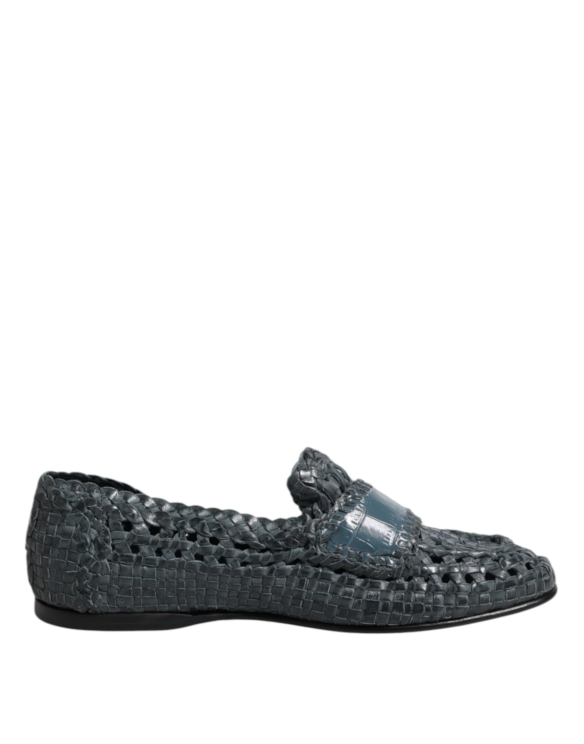 Dolce & Gabbana Blue Woven Leather Slip On Loafers Shoes - 7