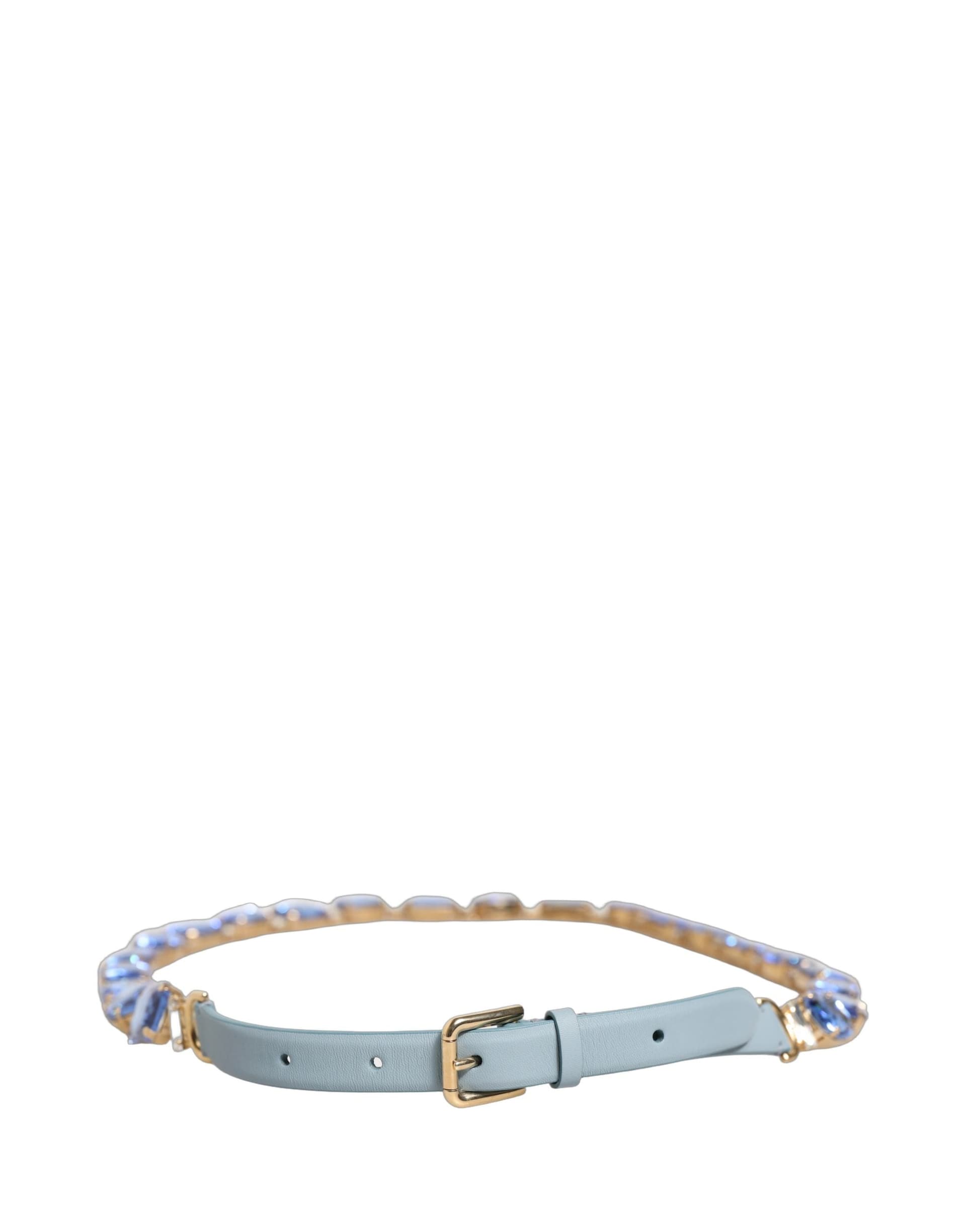 Dolce & Gabbana Blue Leather Crystal Chain Embellished Belt - 4