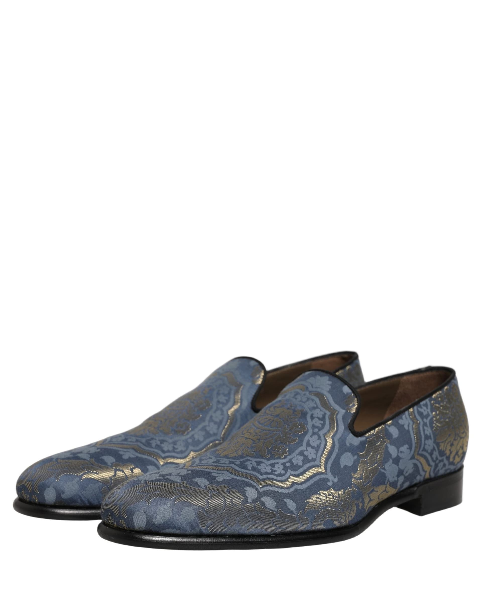 Dolce & Gabbana Blue Floral Brocade Slip On Loafers Shoes - 4