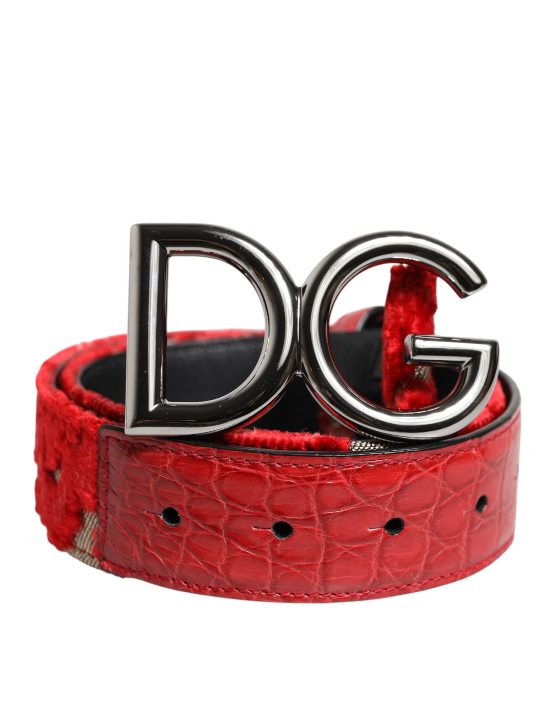 Dolce & Gabbana Red Viscose Silver DG Logo Metal Buckle Belt - 2