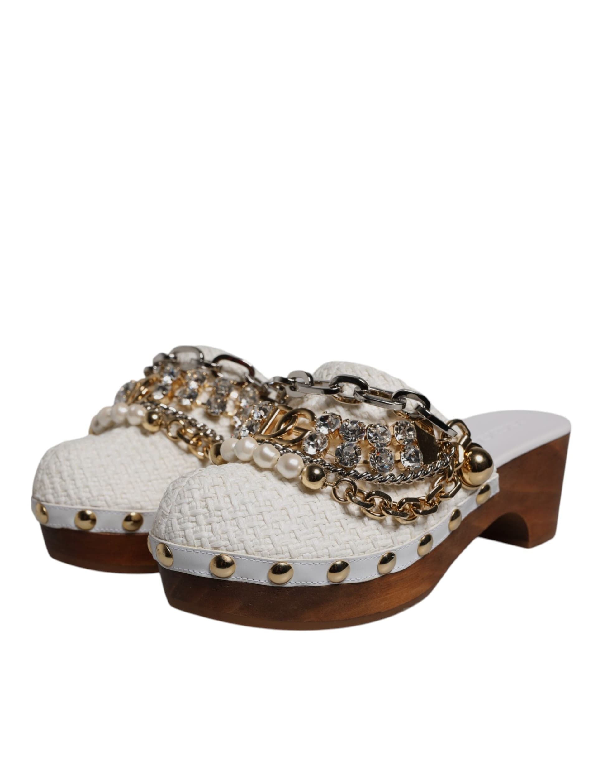 Dolce & Gabbana White Raffia Clogs Bejeweled Chain Sandals Shoes - 2