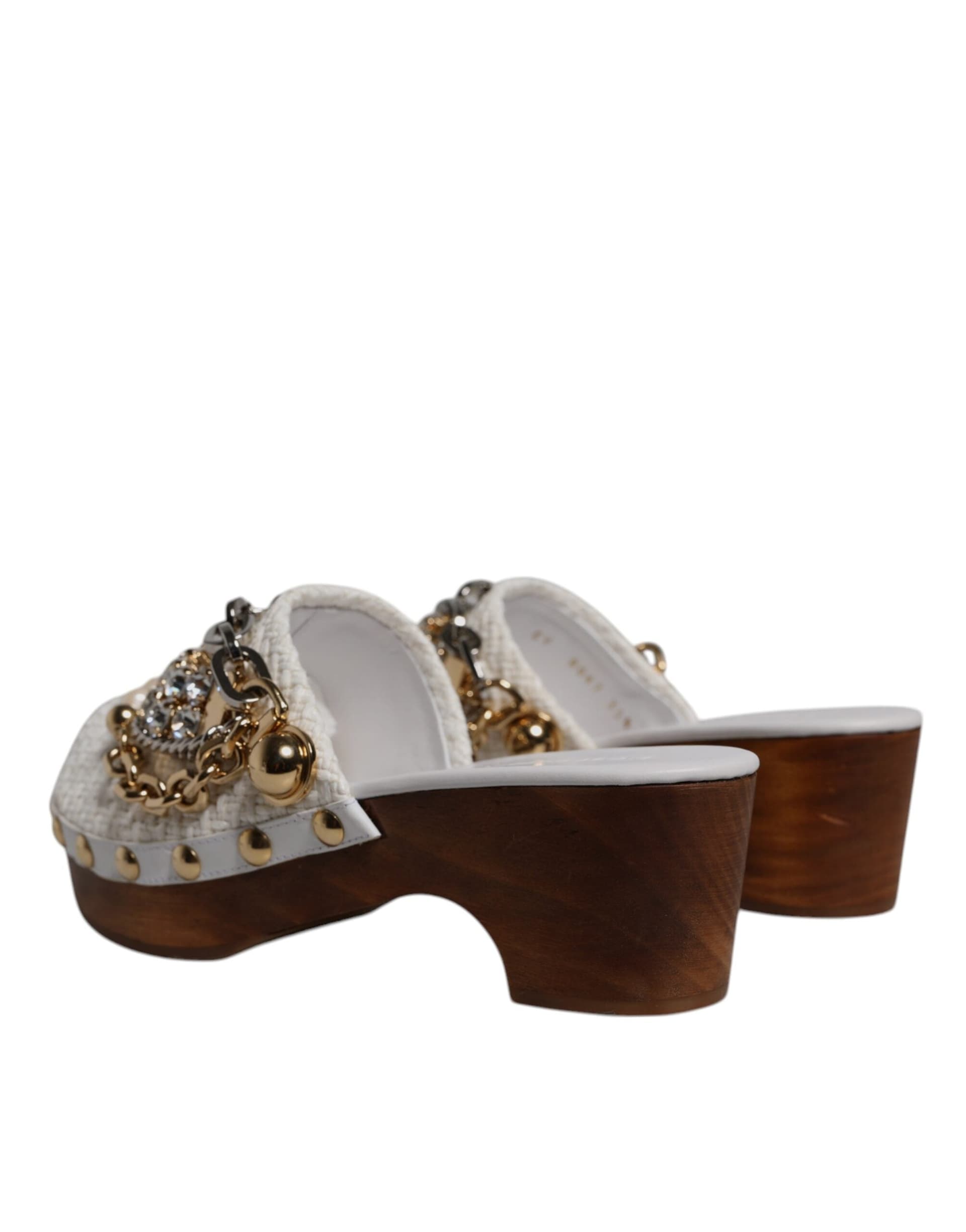 Dolce & Gabbana White Raffia Clogs Bejeweled Chain Sandals Shoes - 3