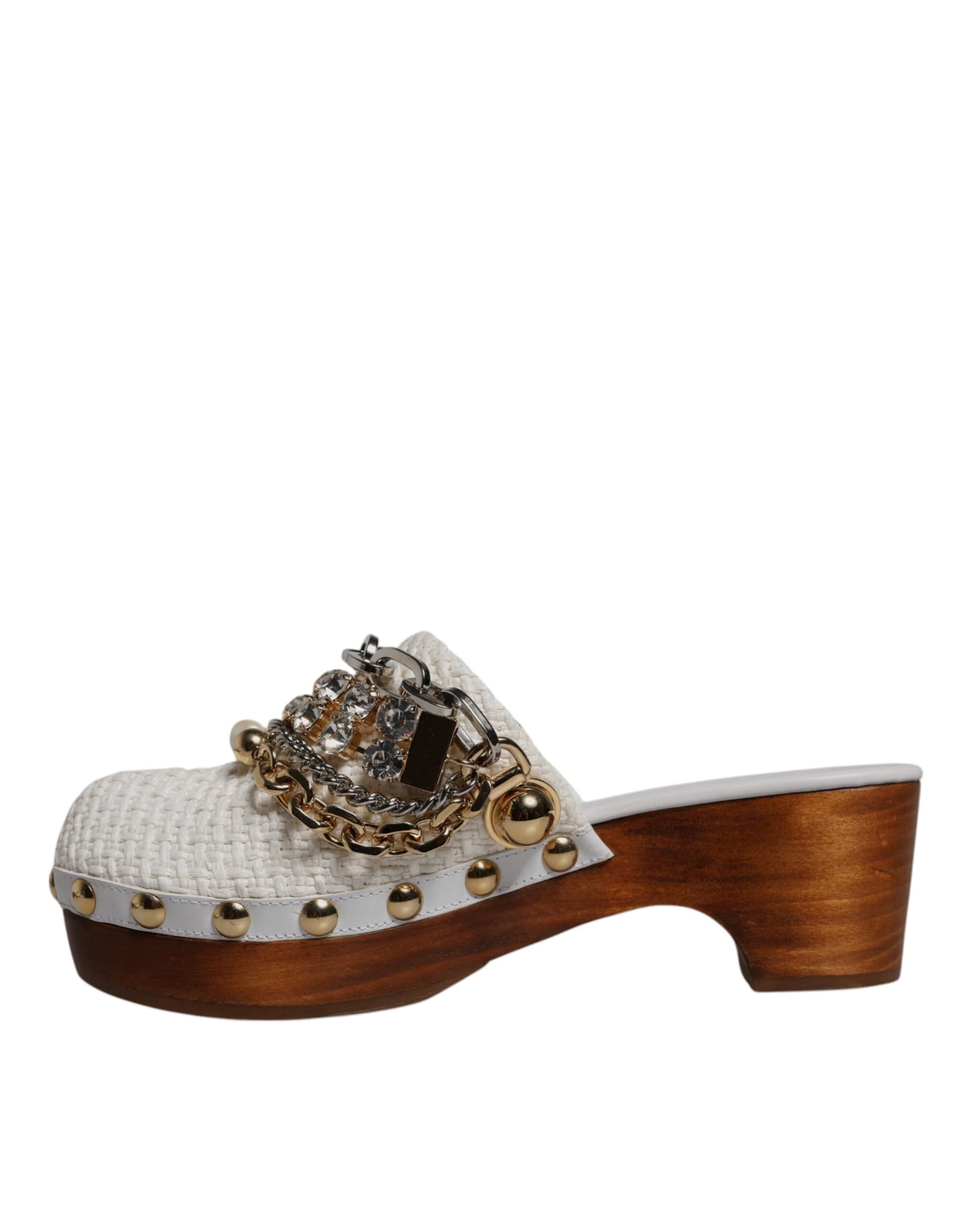 Dolce & Gabbana White Raffia Clogs Bejeweled Chain Sandals Shoes - 4