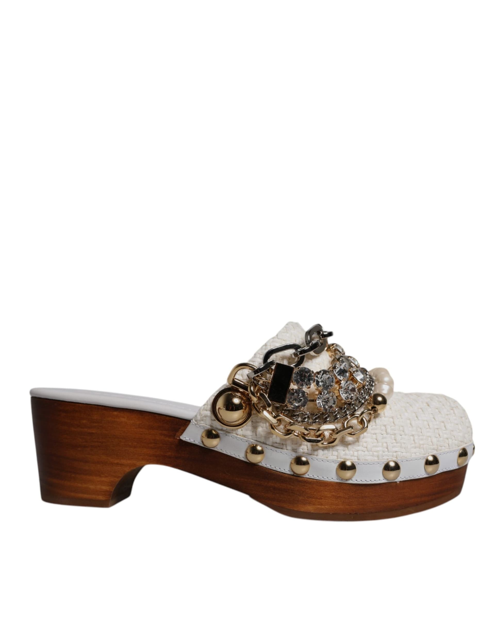 Dolce & Gabbana White Raffia Clogs Bejeweled Chain Sandals Shoes - 5