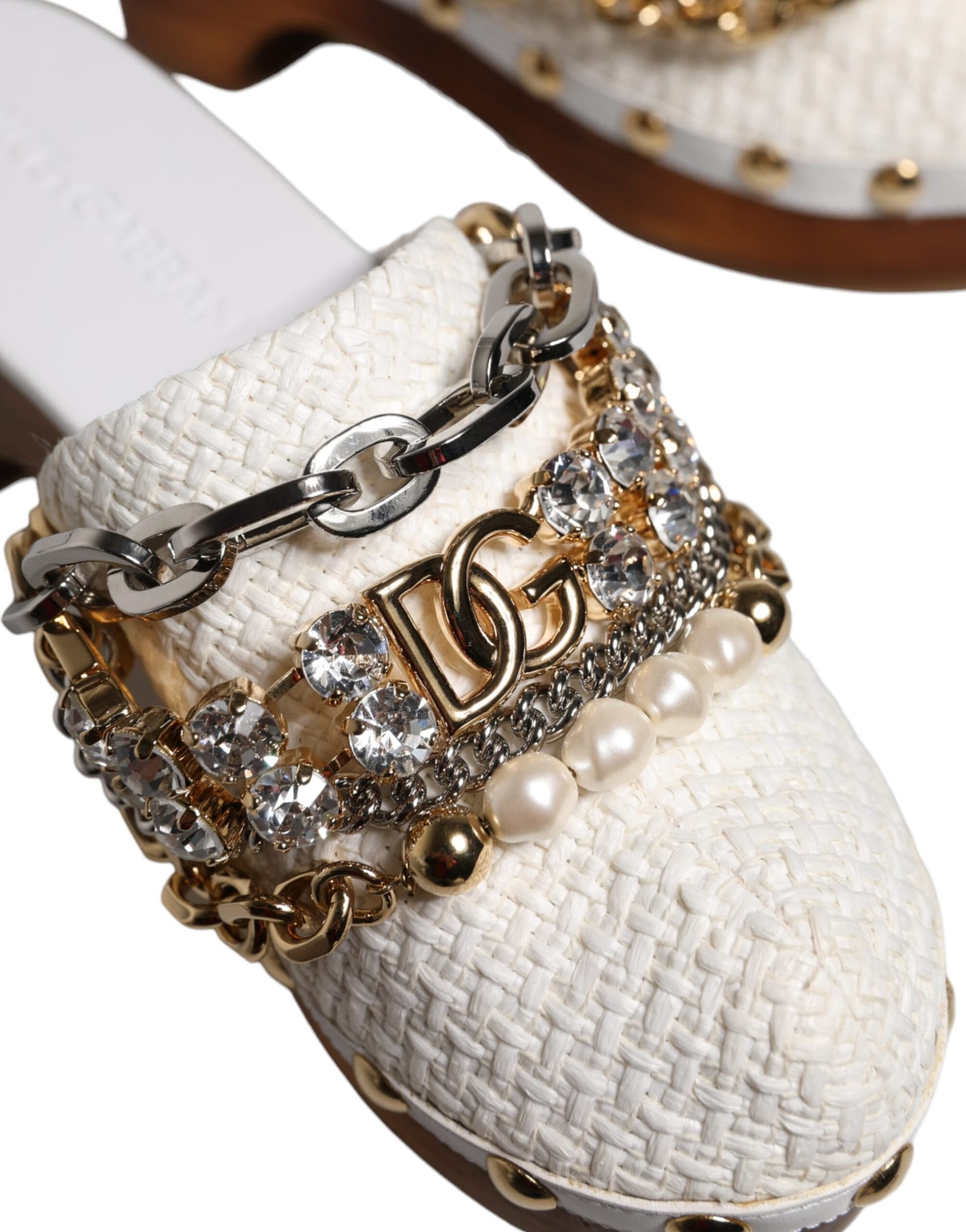 Dolce & Gabbana White Raffia Clogs Bejeweled Chain Sandals Shoes - 8