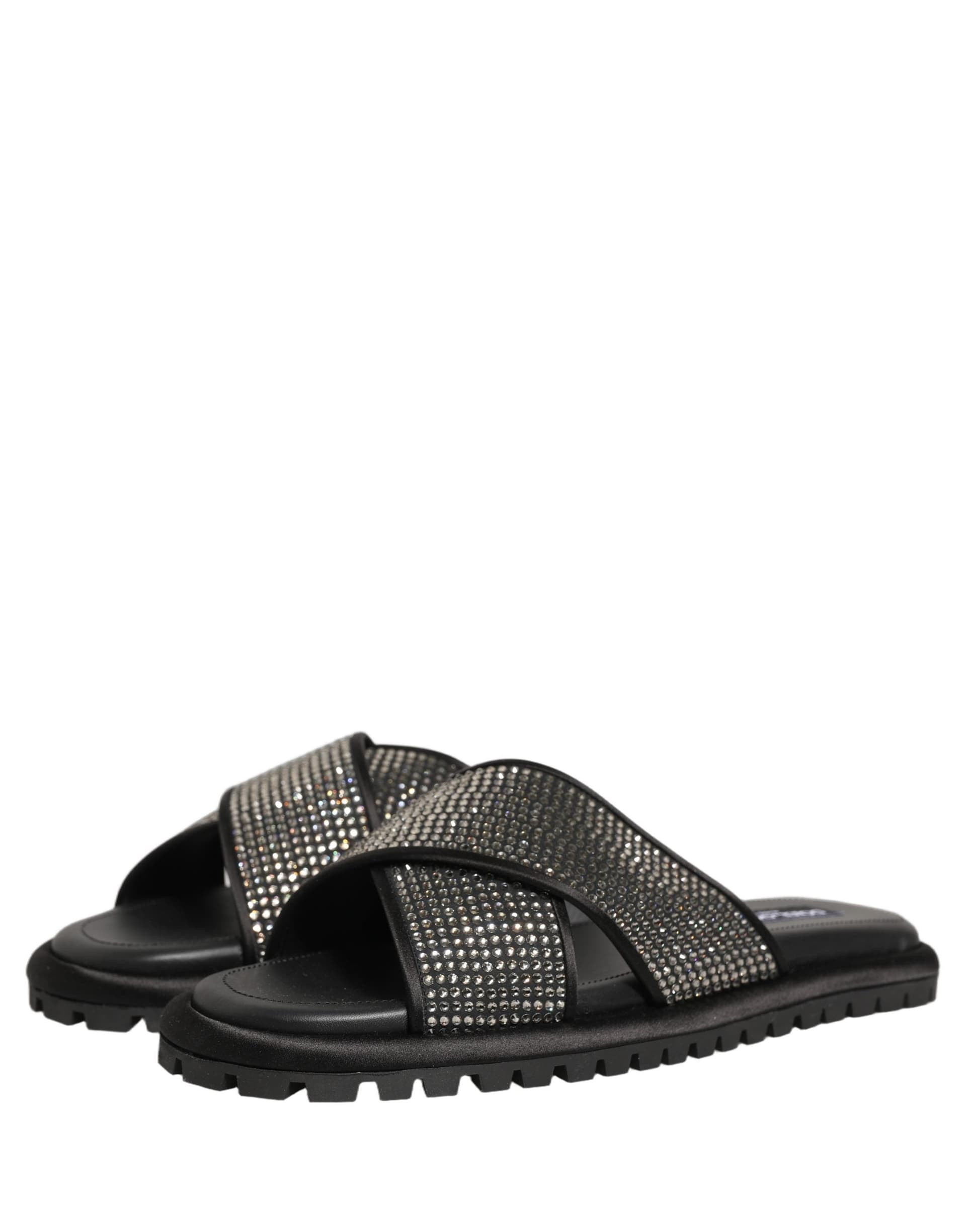 Dolce & Gabbana Black Strass Criss Cross Slide Sandals Shoes - 4