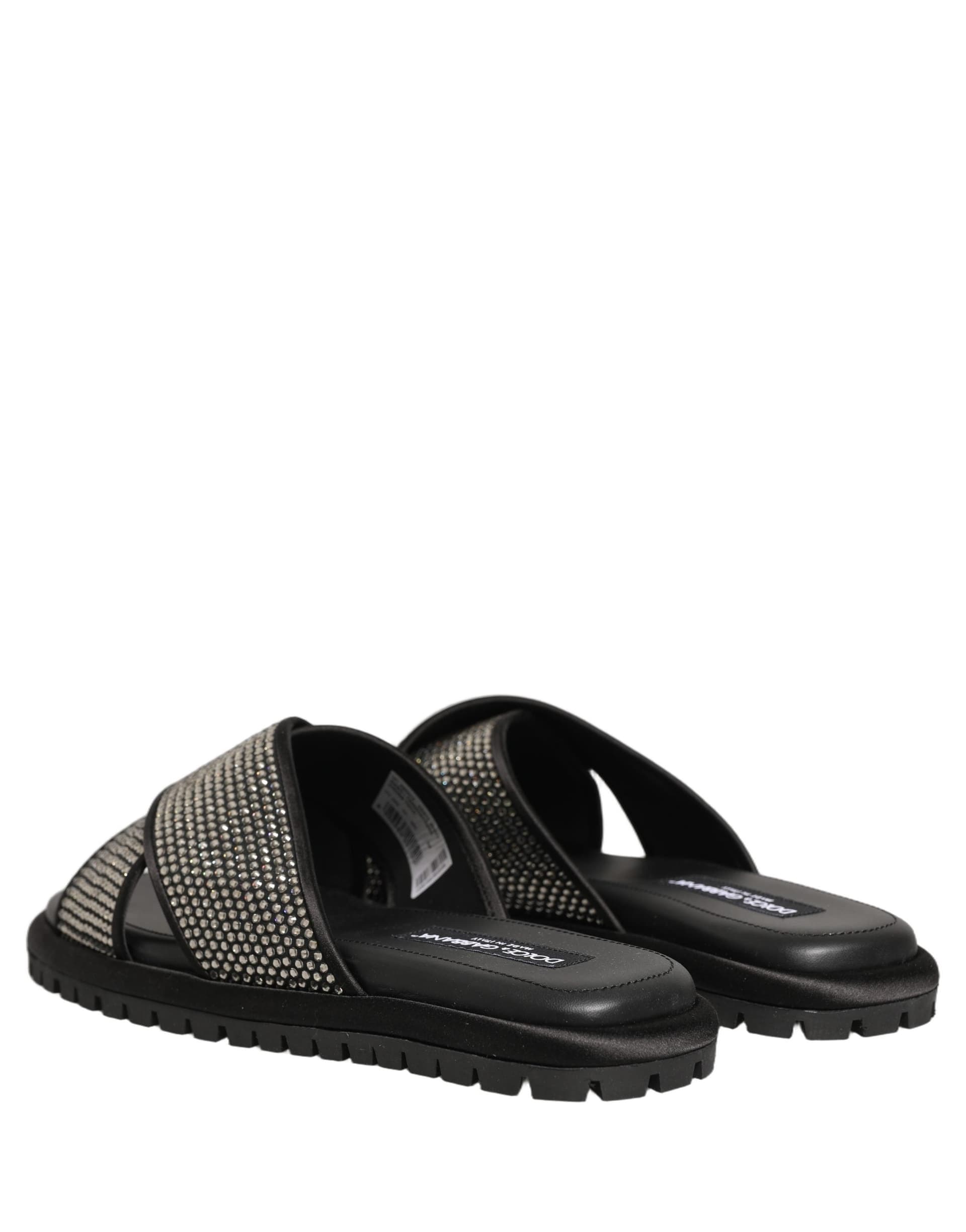 Dolce & Gabbana Black Strass Criss Cross Slide Sandals Shoes - 5