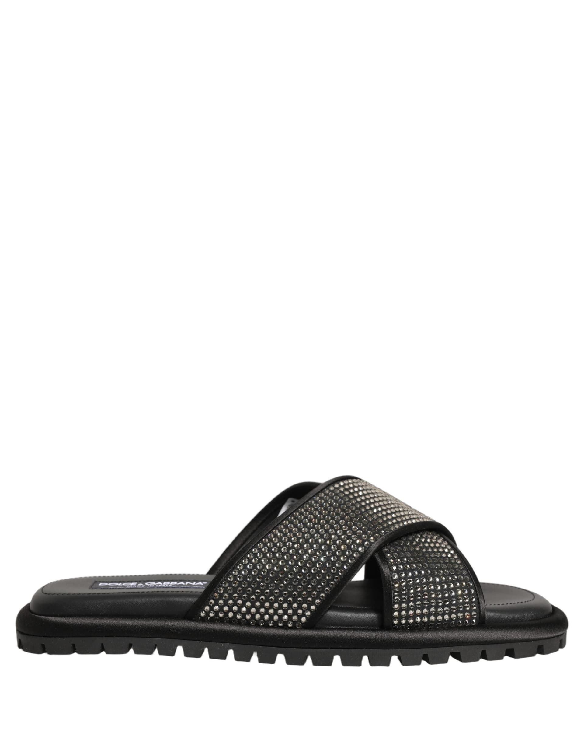 Dolce & Gabbana Black Strass Criss Cross Slide Sandals Shoes - 7