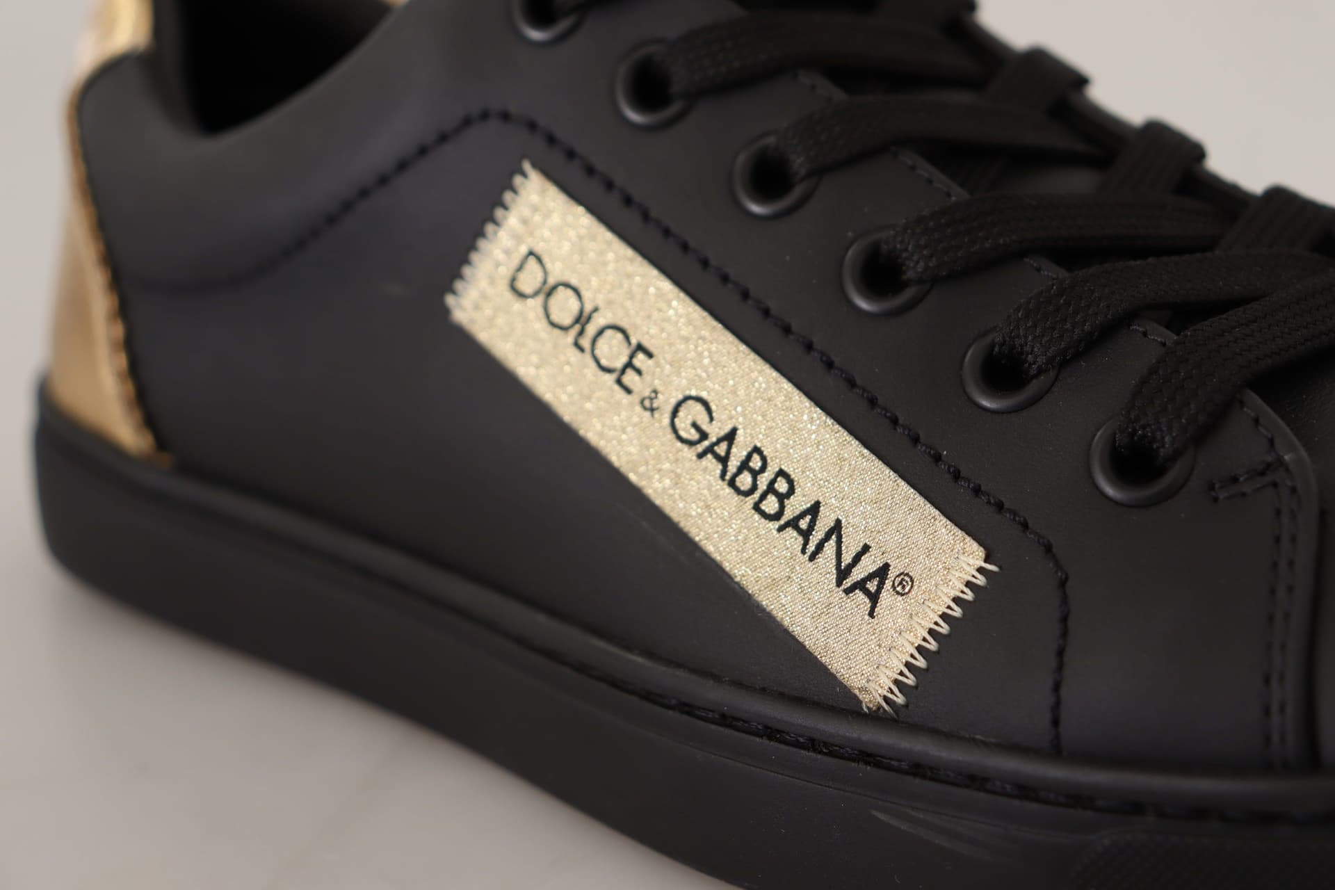 Dolce & Gabbana Black Gold Leather Low Top Sneakers Womens Shoes - 8