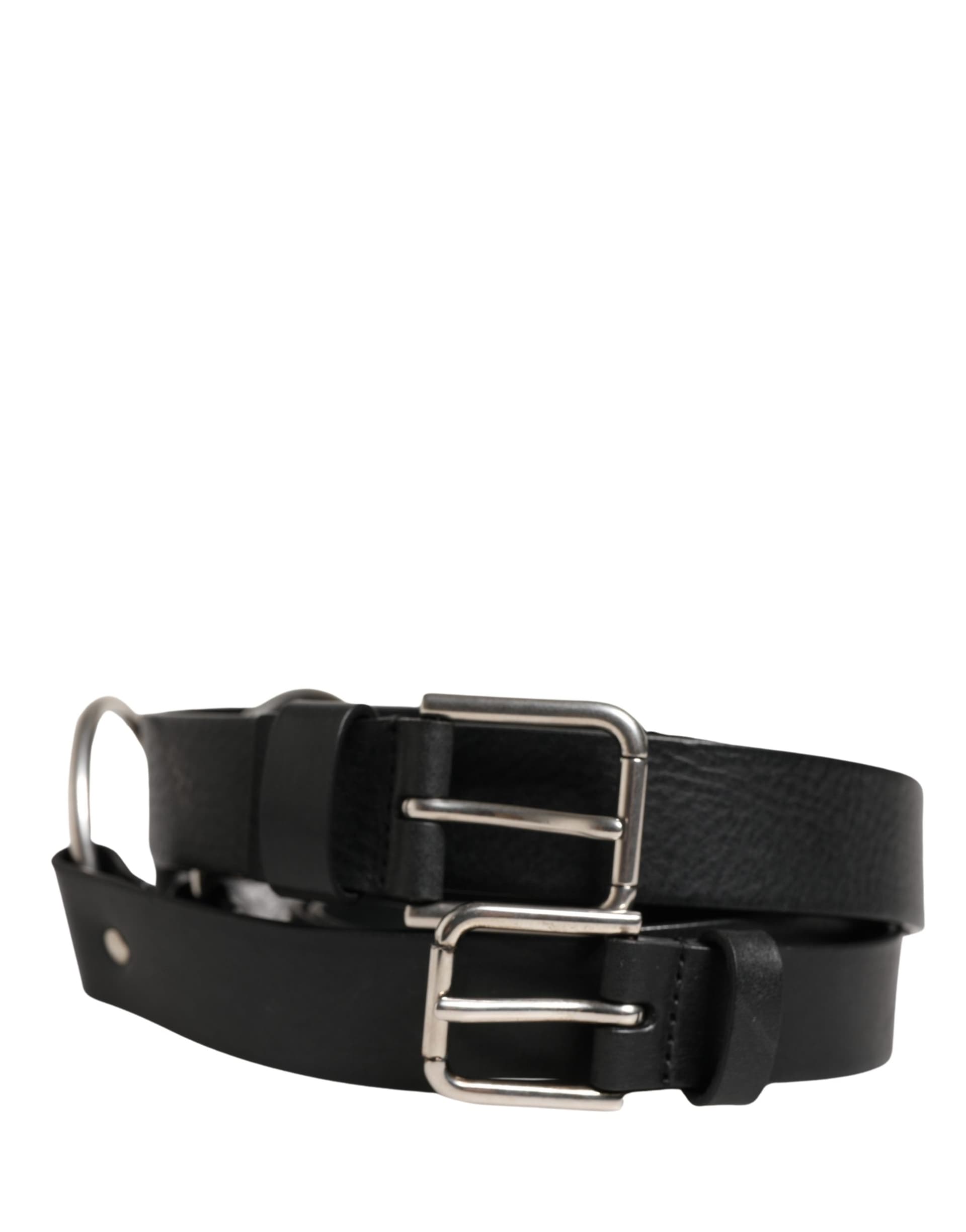 Dolce & Gabbana Black Double Strap Leather Silver Buckle Belt - 8
