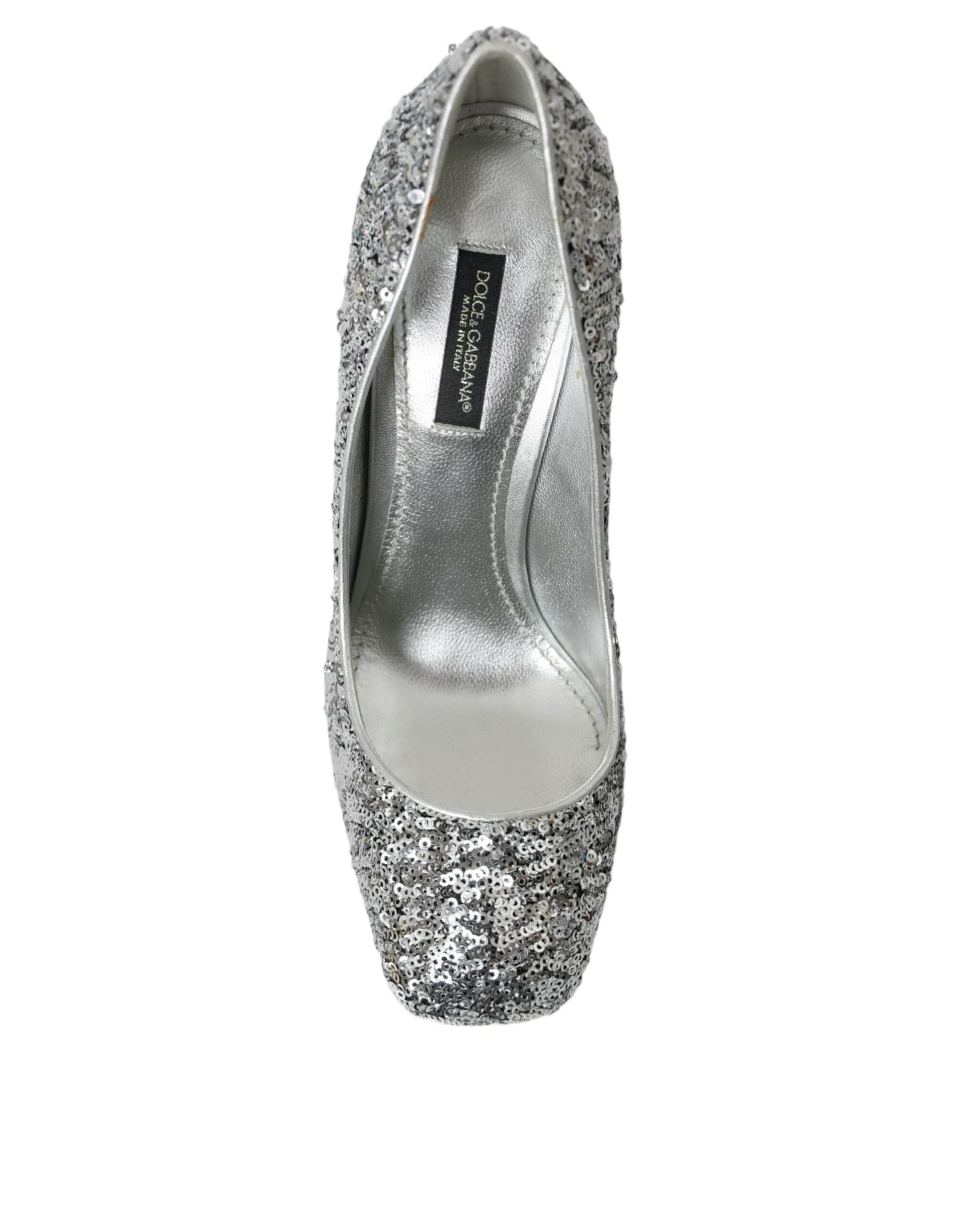 Dolce & Gabbana Silver Sequin Embellished Heels Pumps Shoes - 8