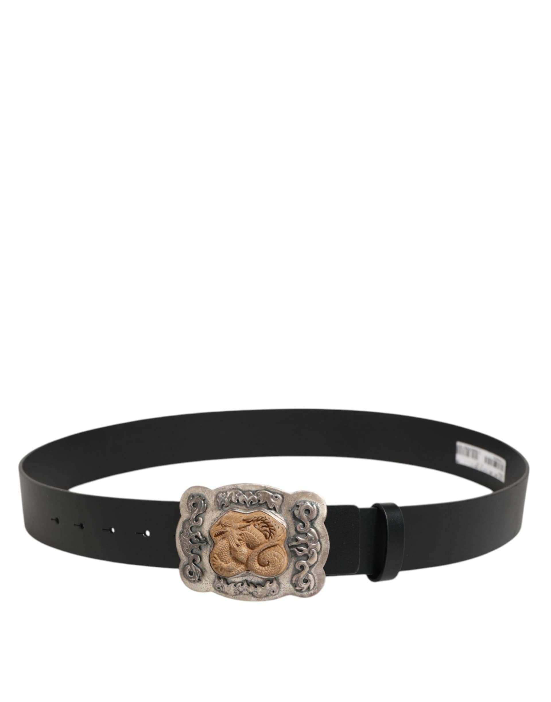 Dolce & Gabbana Black Leather Gothic Dragon Metal Buckle Belt - 4