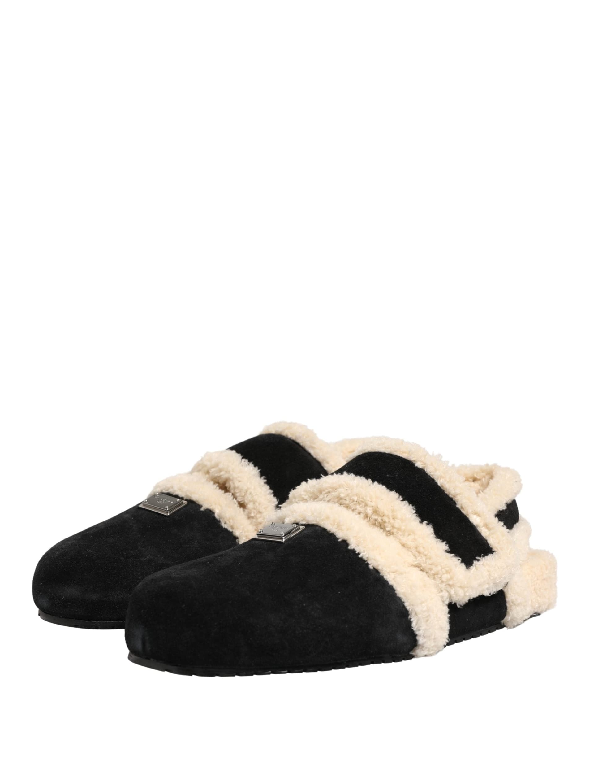Dolce & Gabbana Beige Black Faux Fur Flats Men Sandals Shoes - 5