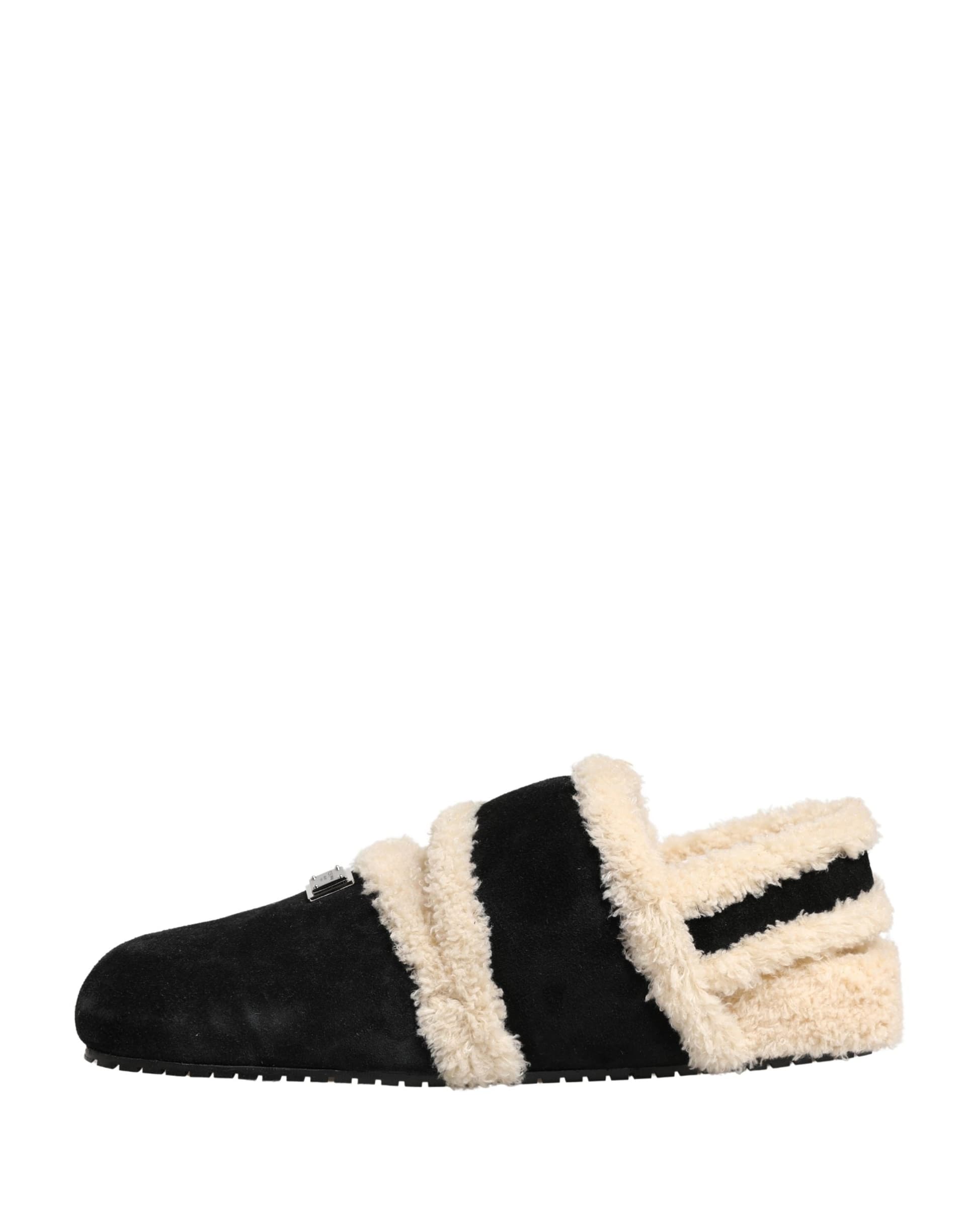 Dolce & Gabbana Beige Black Faux Fur Flats Men Sandals Shoes - 7