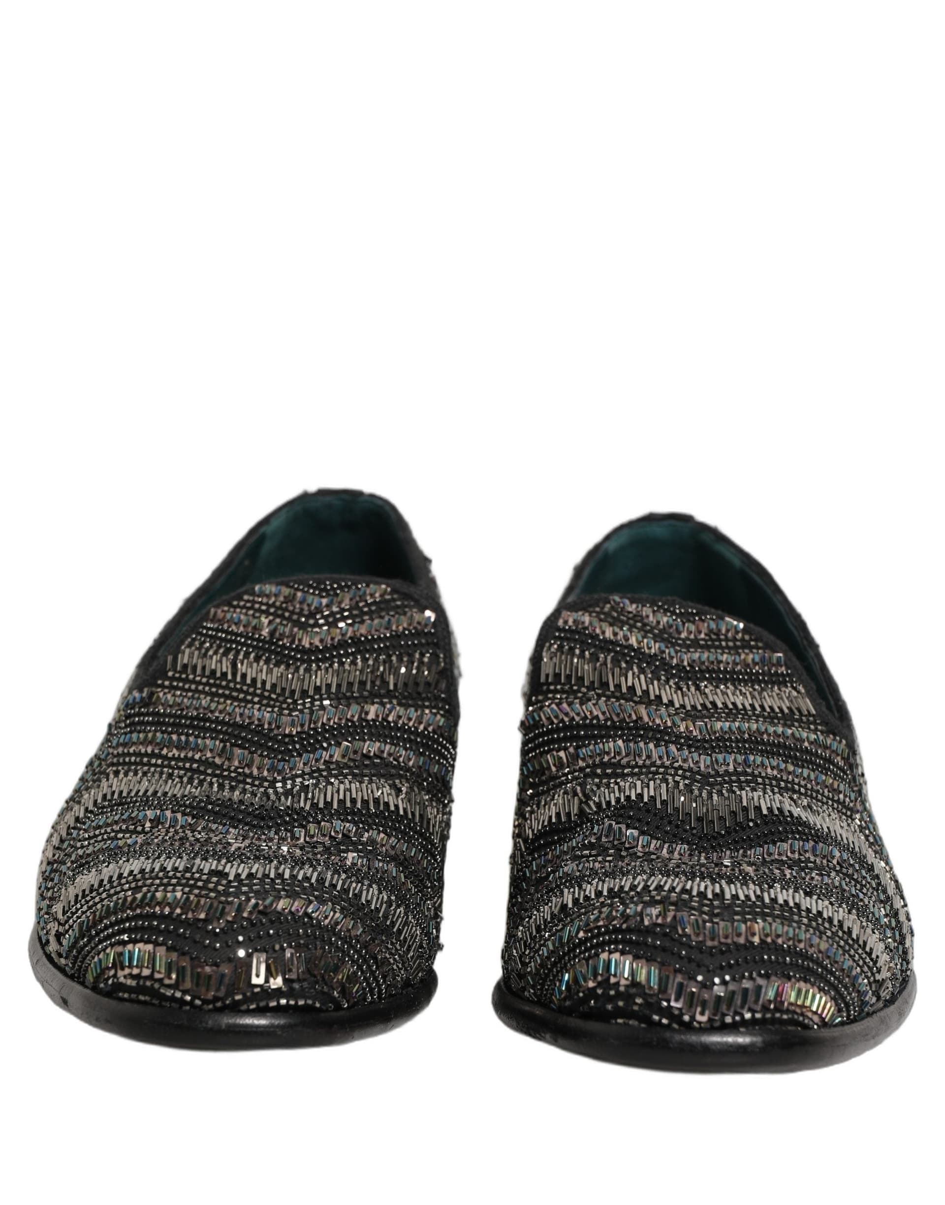 Dolce & Gabbana Black Silver Embellished Slip On Loafers Shoes - 2