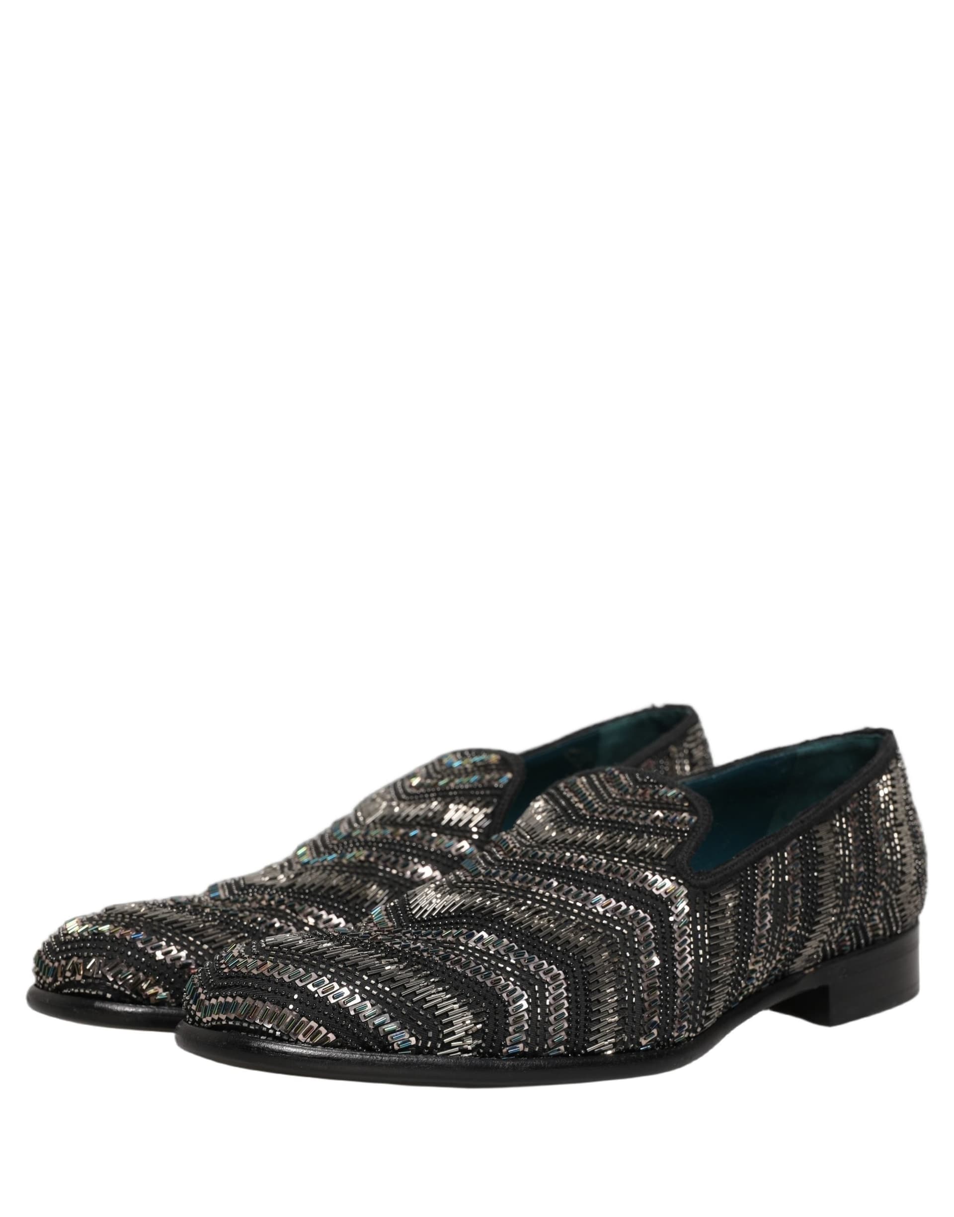 Dolce & Gabbana Black Silver Embellished Slip On Loafers Shoes - 4