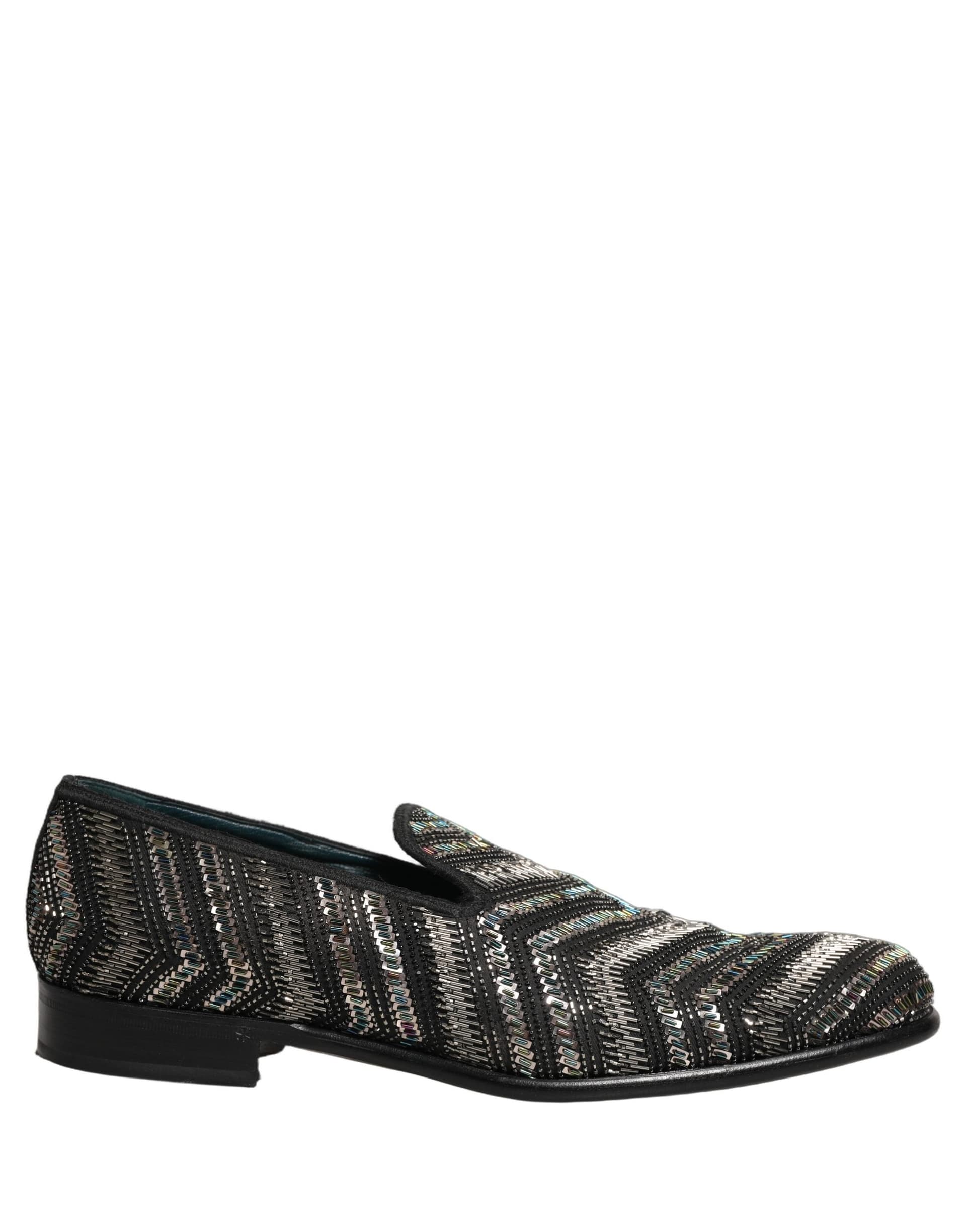 Dolce & Gabbana Black Silver Embellished Slip On Loafers Shoes - 7