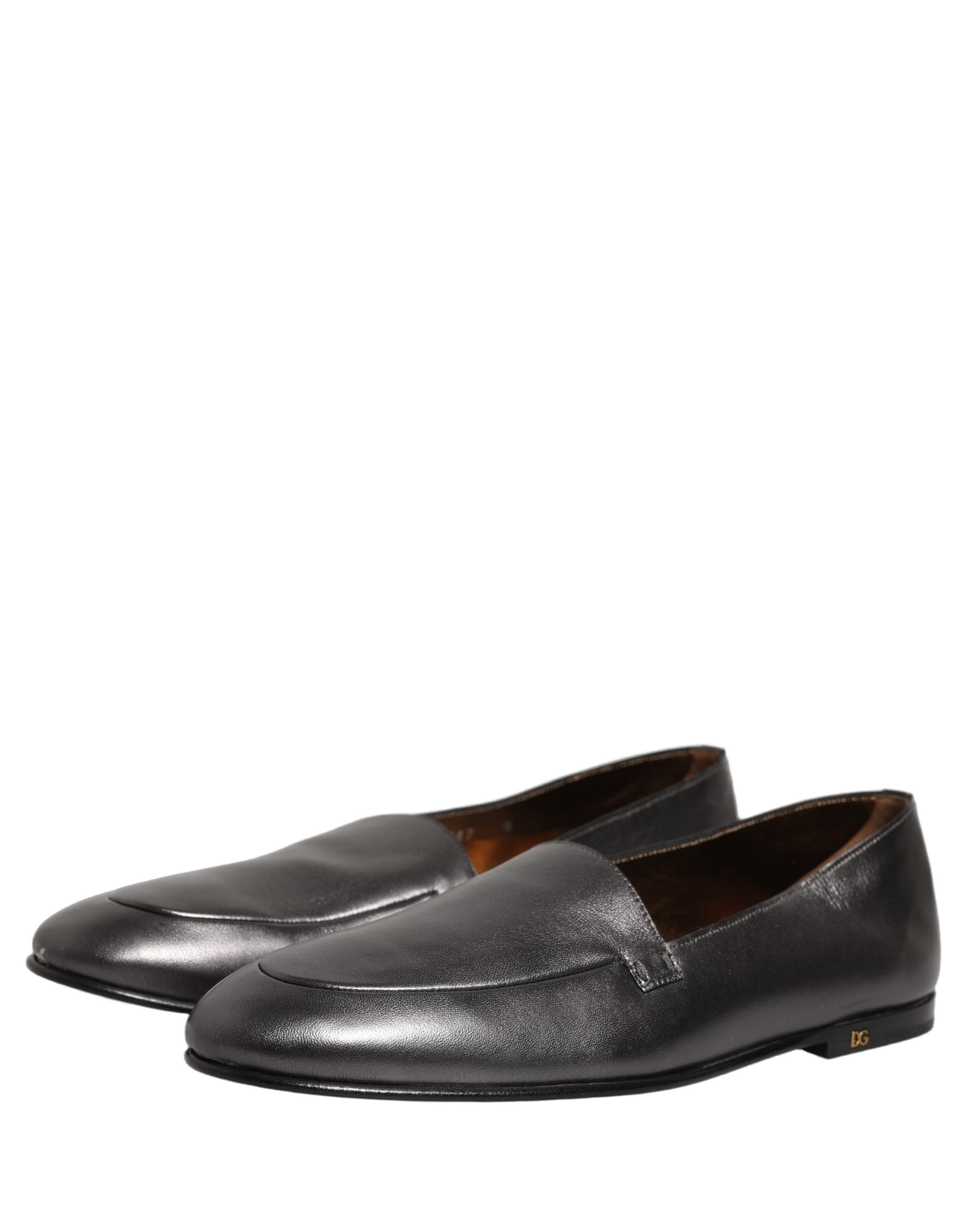 Dolce & Gabbana Silver Leather DG Logo Slip On Loafers Shoes - 4