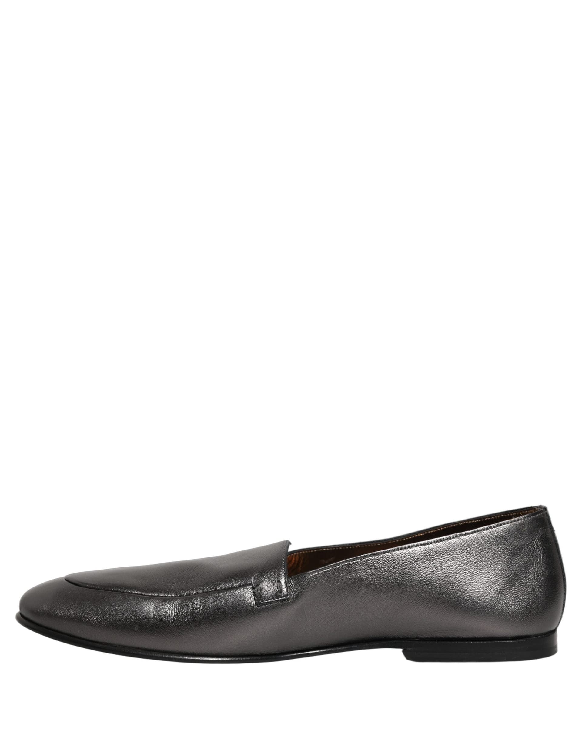Dolce & Gabbana Silver Leather DG Logo Slip On Loafers Shoes - 6
