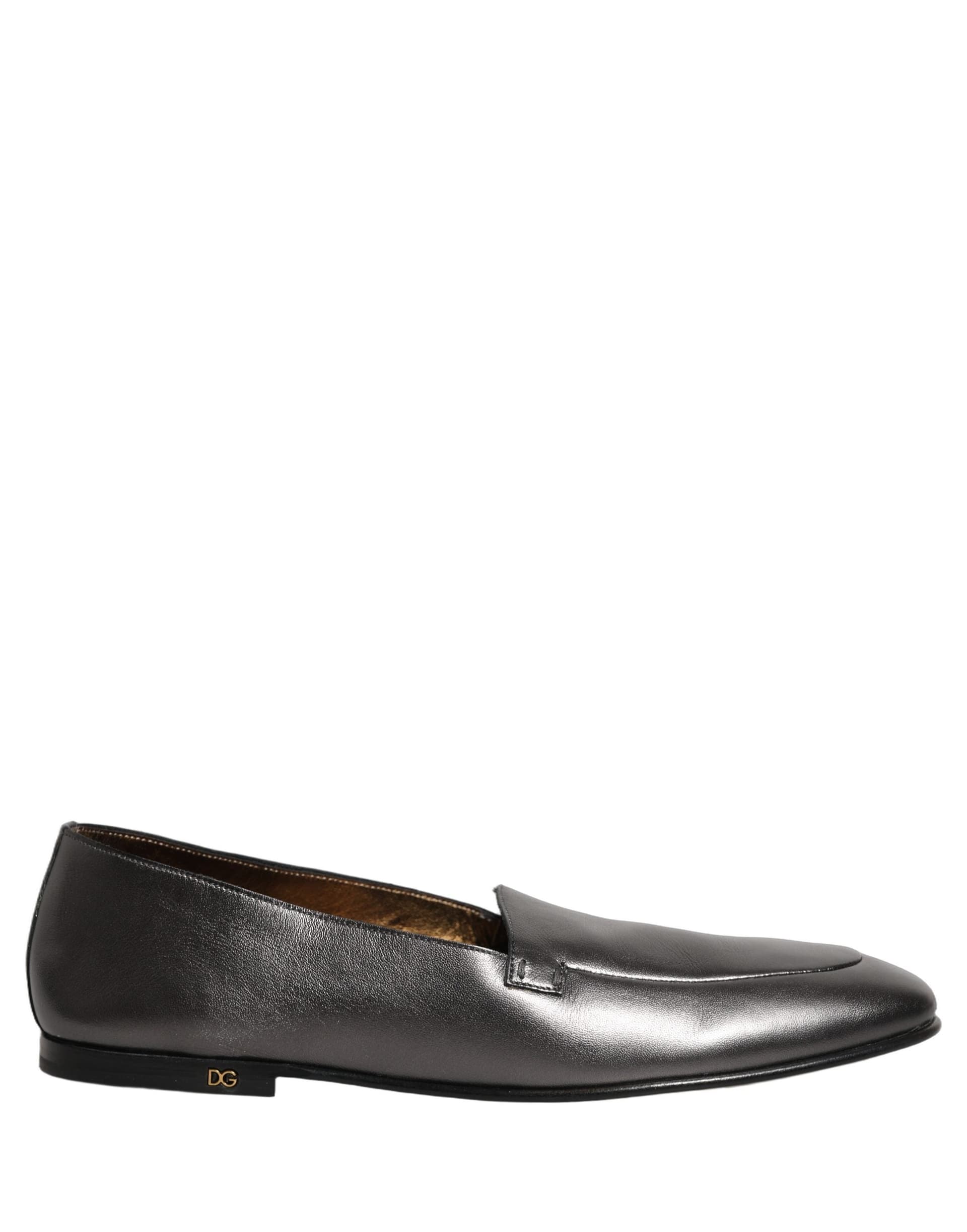 Dolce & Gabbana Silver Leather DG Logo Slip On Loafers Shoes - 7