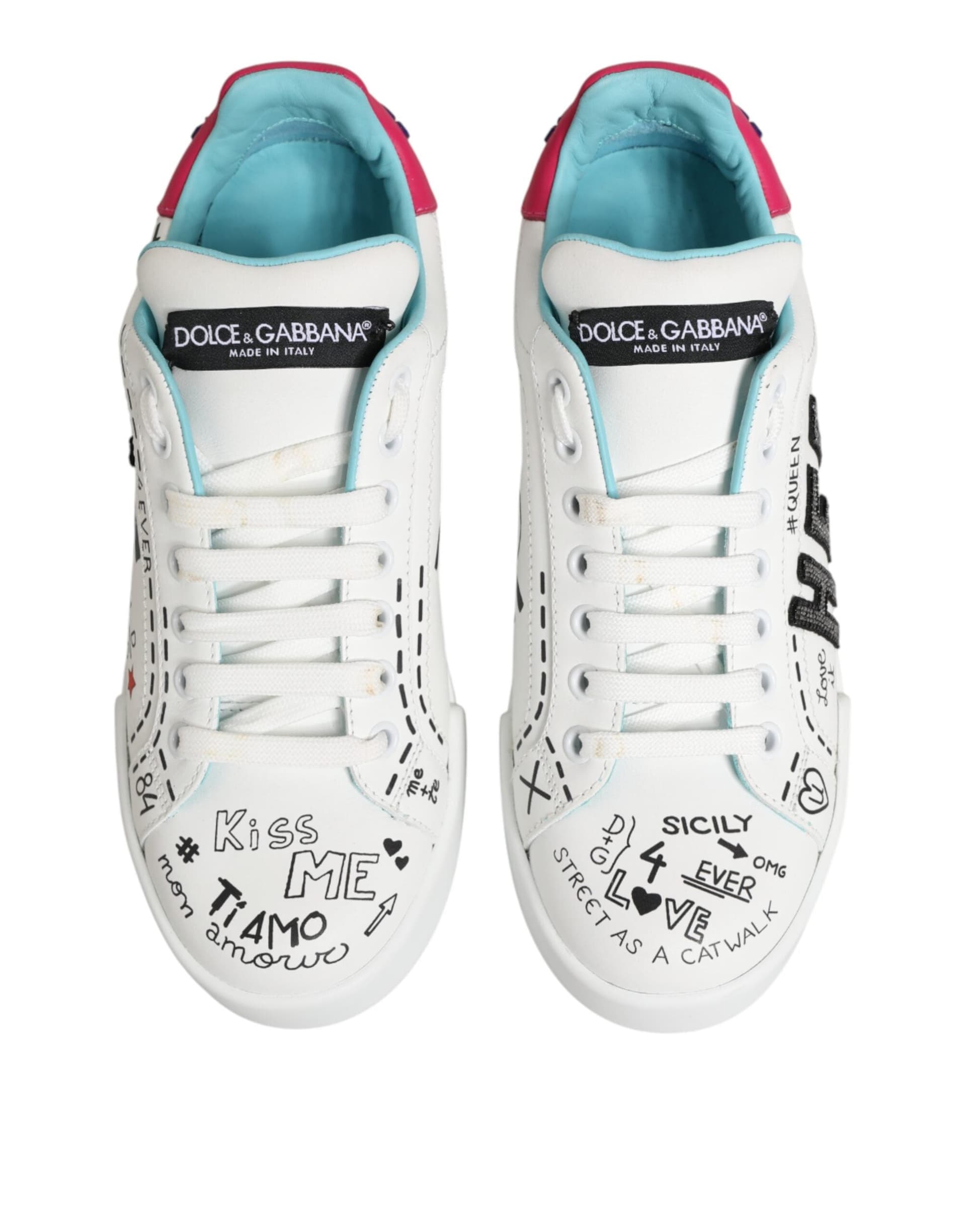 Dolce & Gabbana White Leather Graffiti Low Top Sneakers Shoes - 2