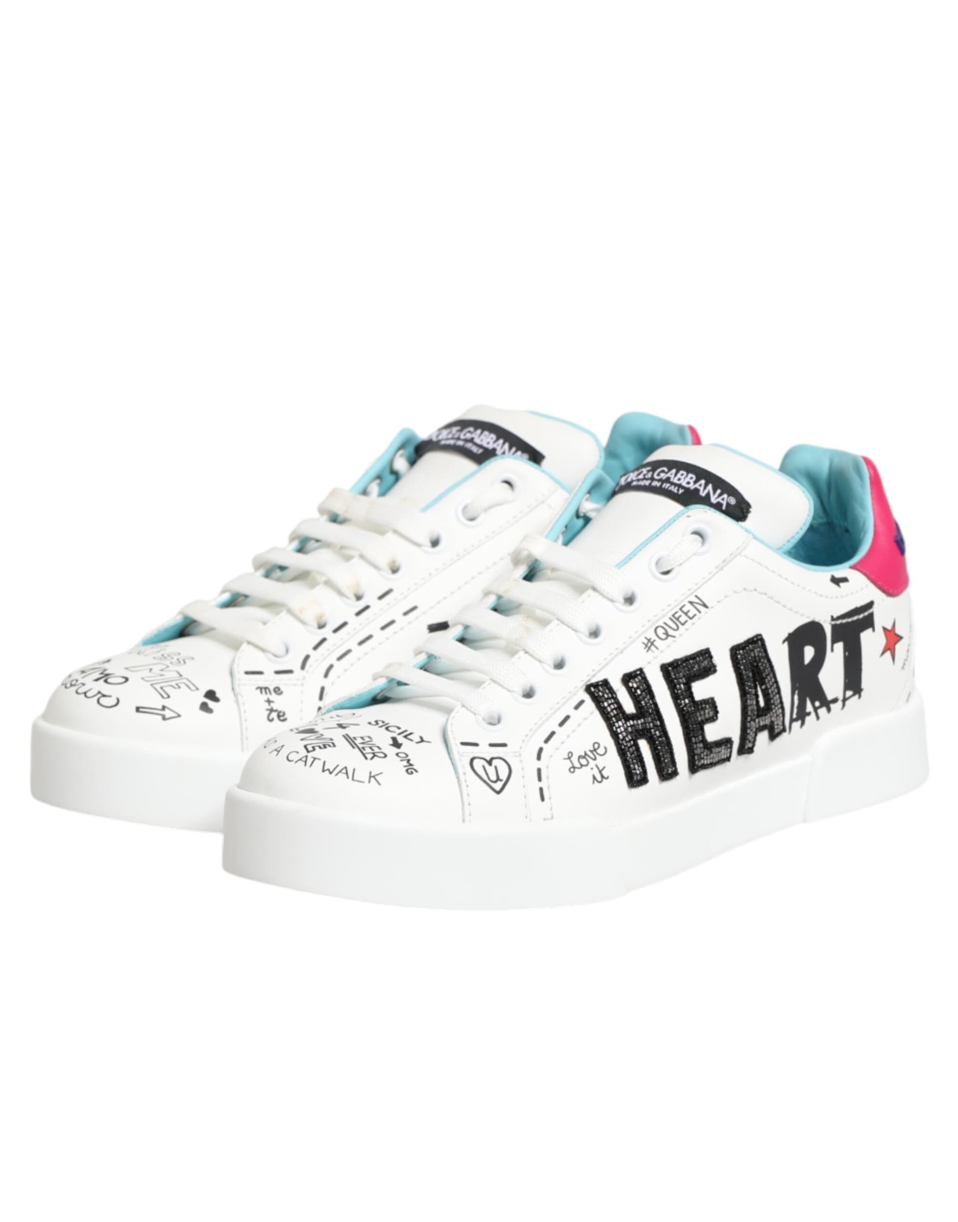 Dolce & Gabbana White Leather Graffiti Low Top Sneakers Shoes - 3