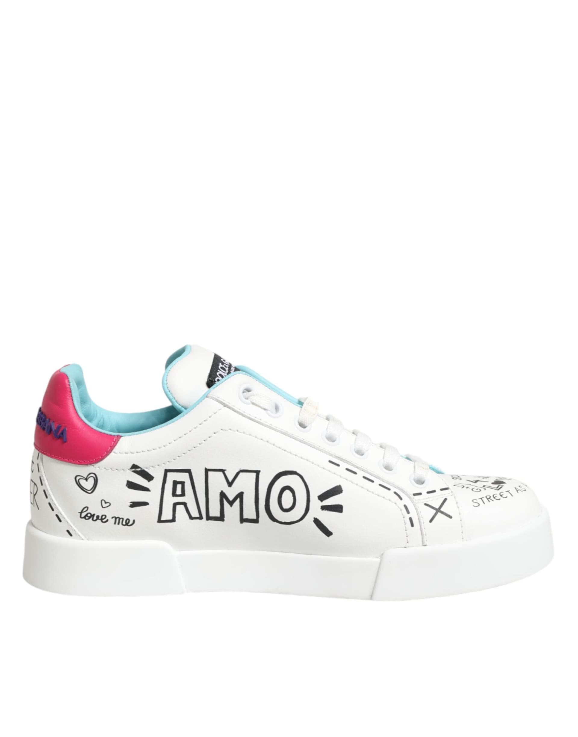 Dolce & Gabbana White Leather Graffiti Low Top Sneakers Shoes - 7